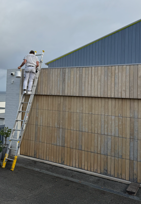 Worker on a ladder cleaning or inspecting the exterior of a building with wooden and metal siding.