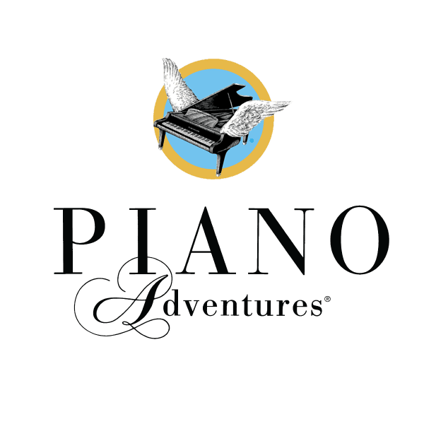 Logo for Piano Adventures featuring a grand piano with wings inside a circular background.