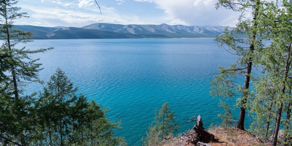 A scenic view of a blue lake surrounded by pine trees and mountains in the distance.