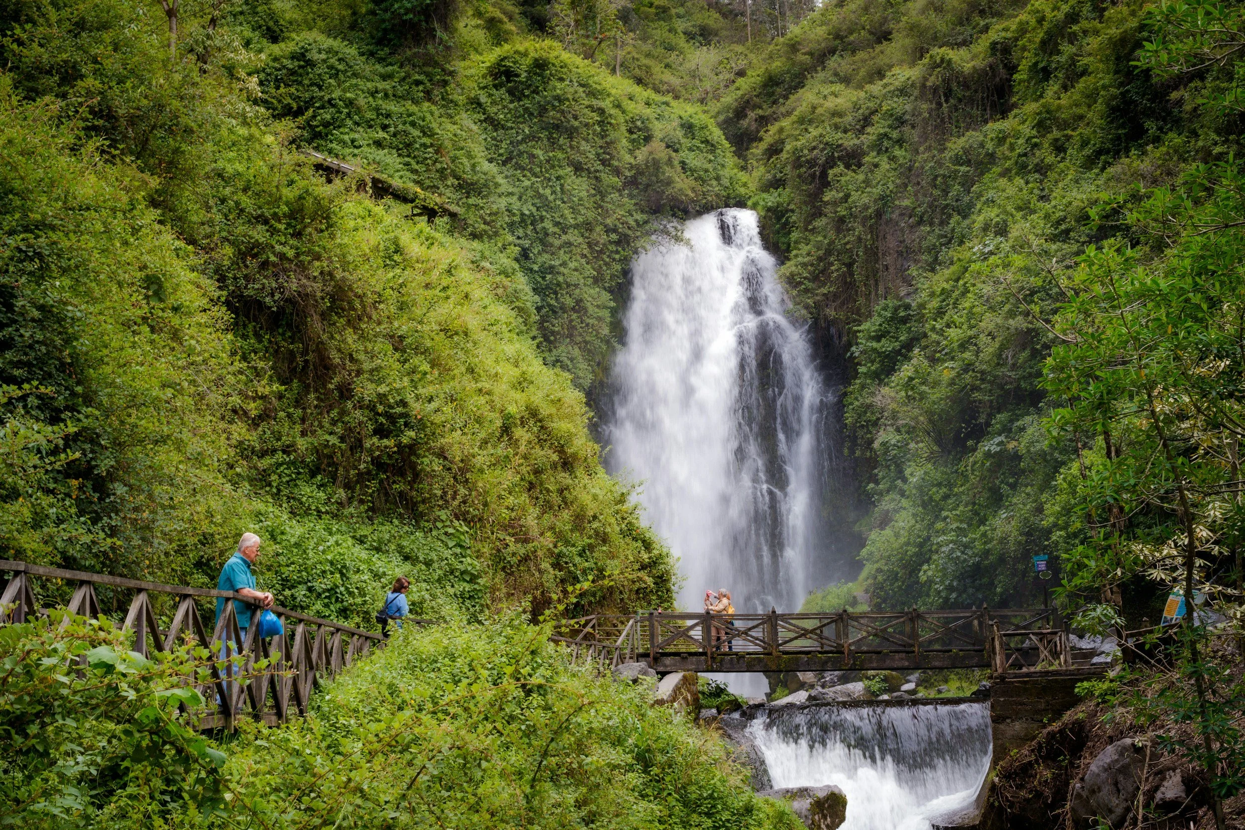 A waterfall surrounded by lush green trees with a wooden observation deck and people taking photos.