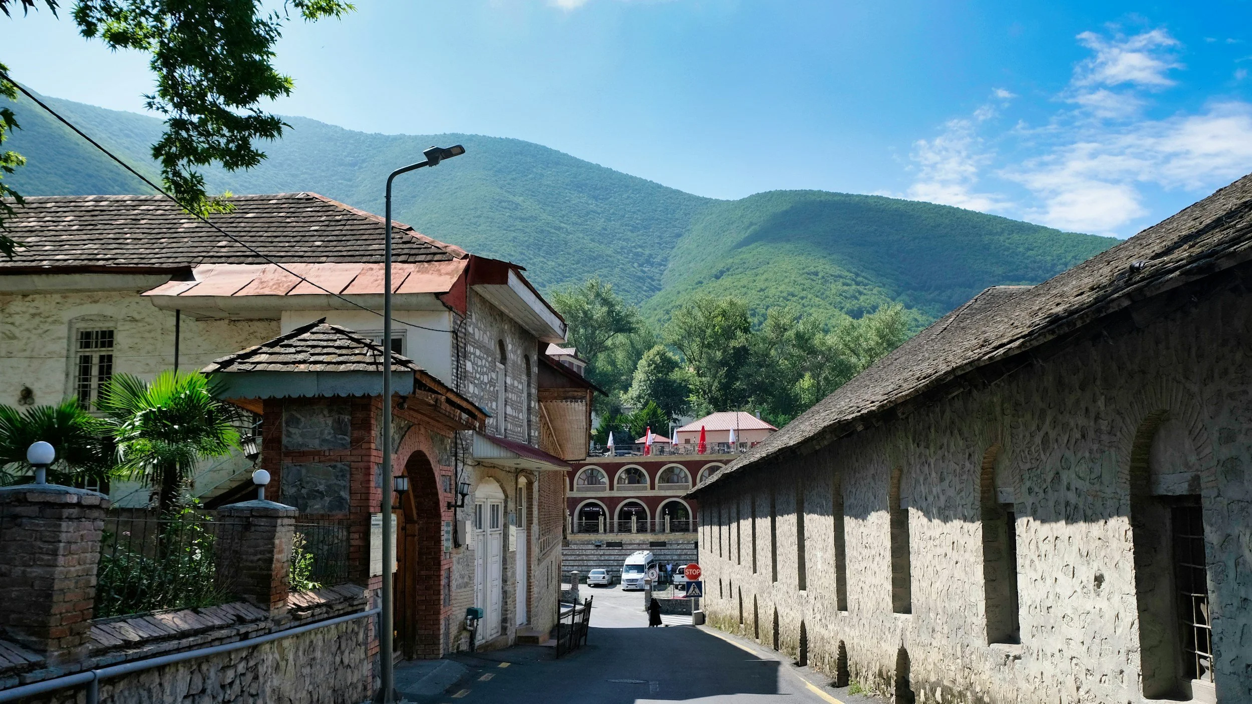 A scenic view of a narrow street in a mountain village with stone buildings, lush green trees, and green mountains in the background under a blue sky.