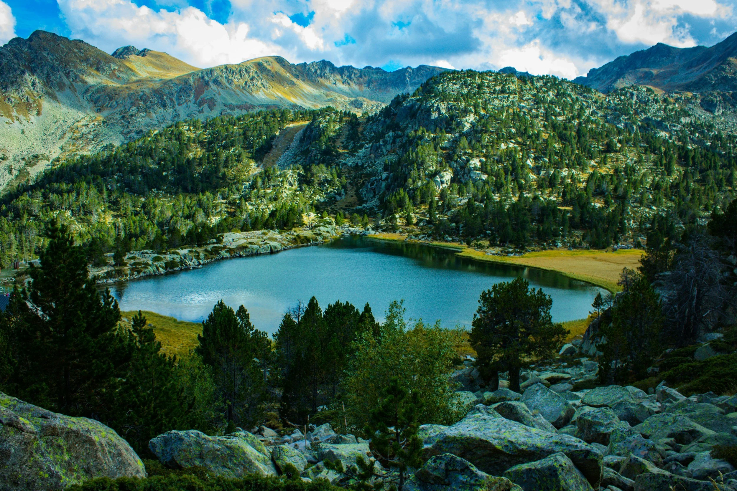 Scenic view of a mountain lake surrounded by dense pine trees and rugged mountains in the background, under a partly cloudy sky.