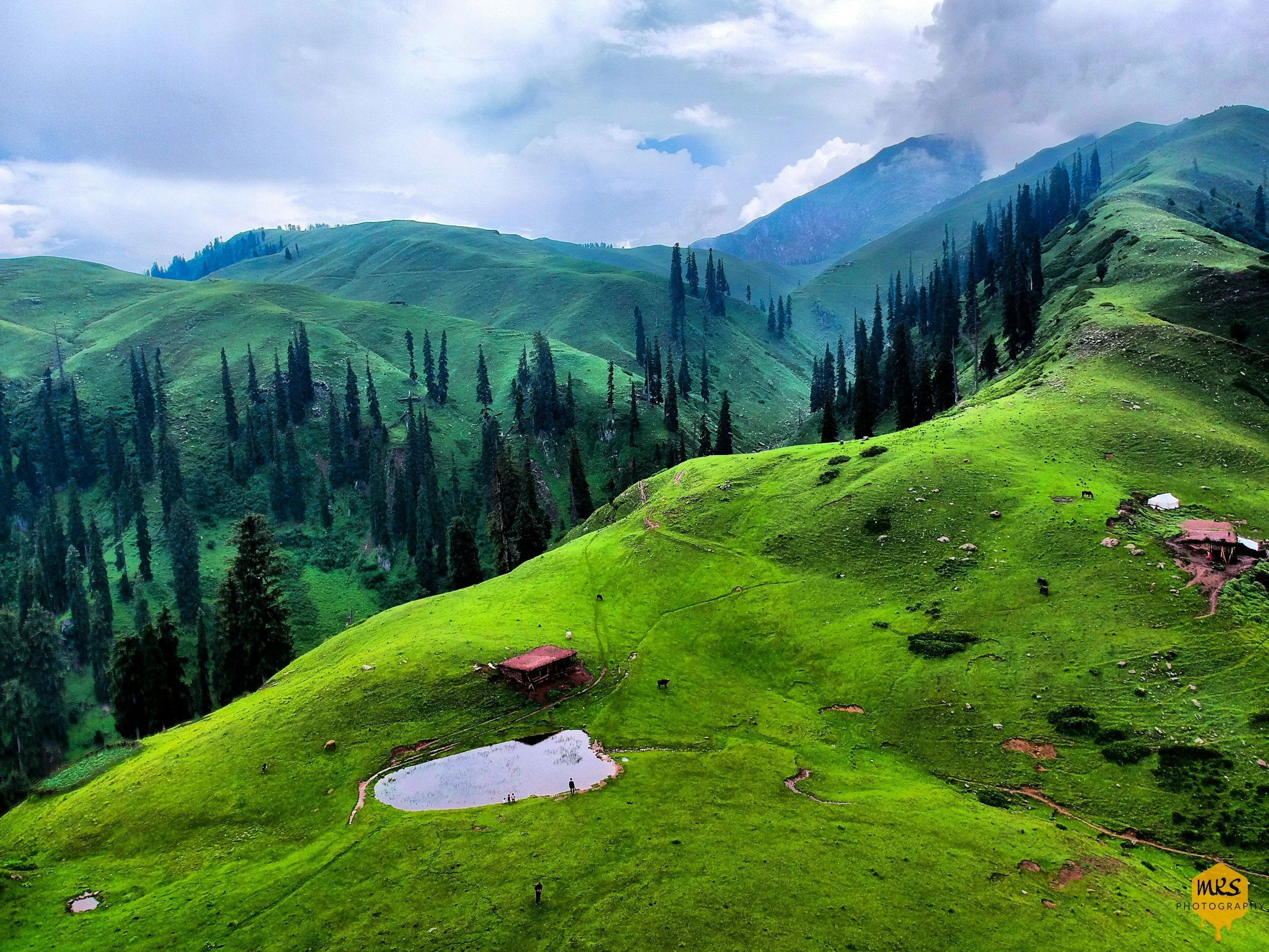 Lush green mountains with tall trees, small lakes, and scattered houses, under a cloudy sky.