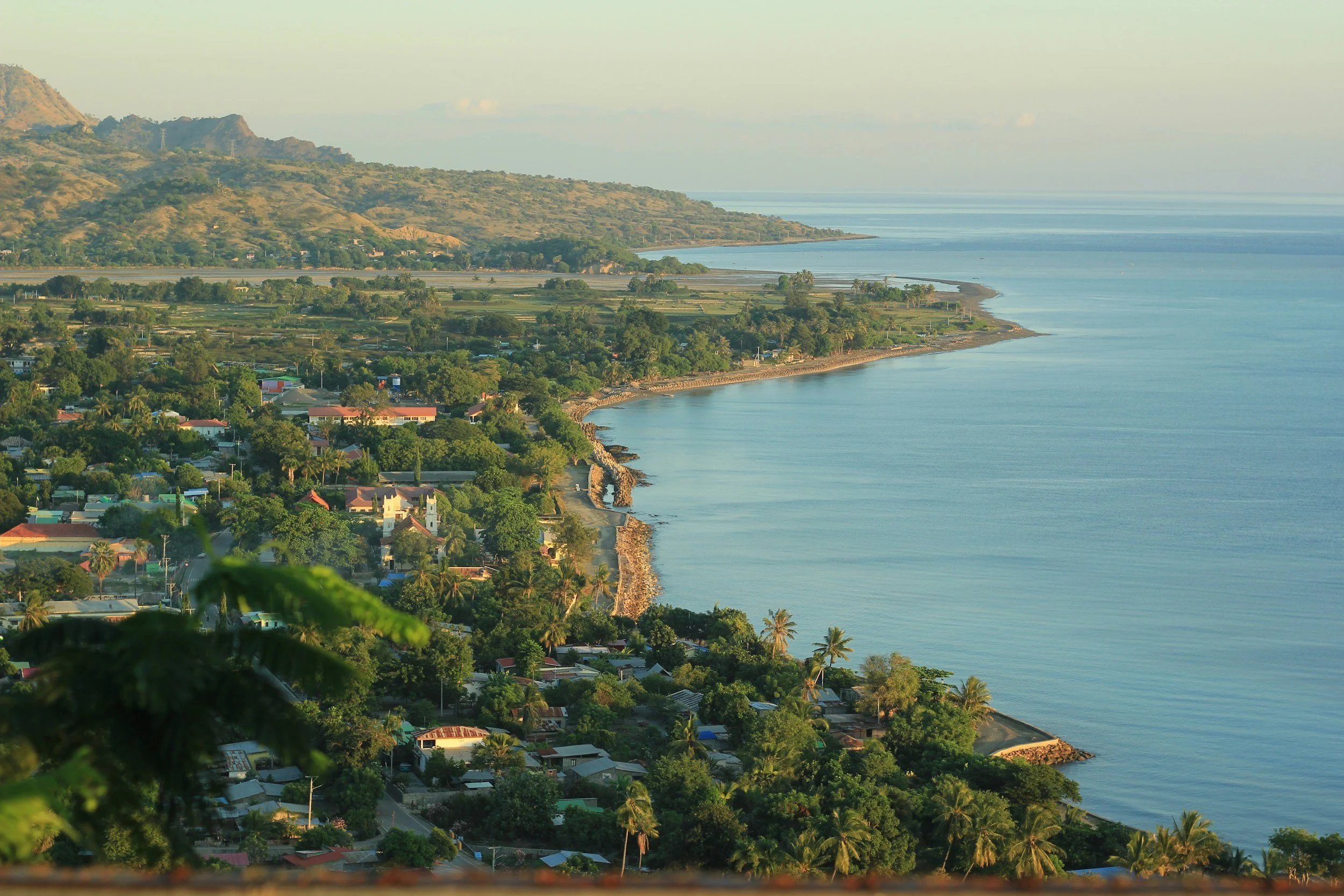 A coastal town with houses and greenery along a shoreline, overlooking a calm ocean with mountains in the background.