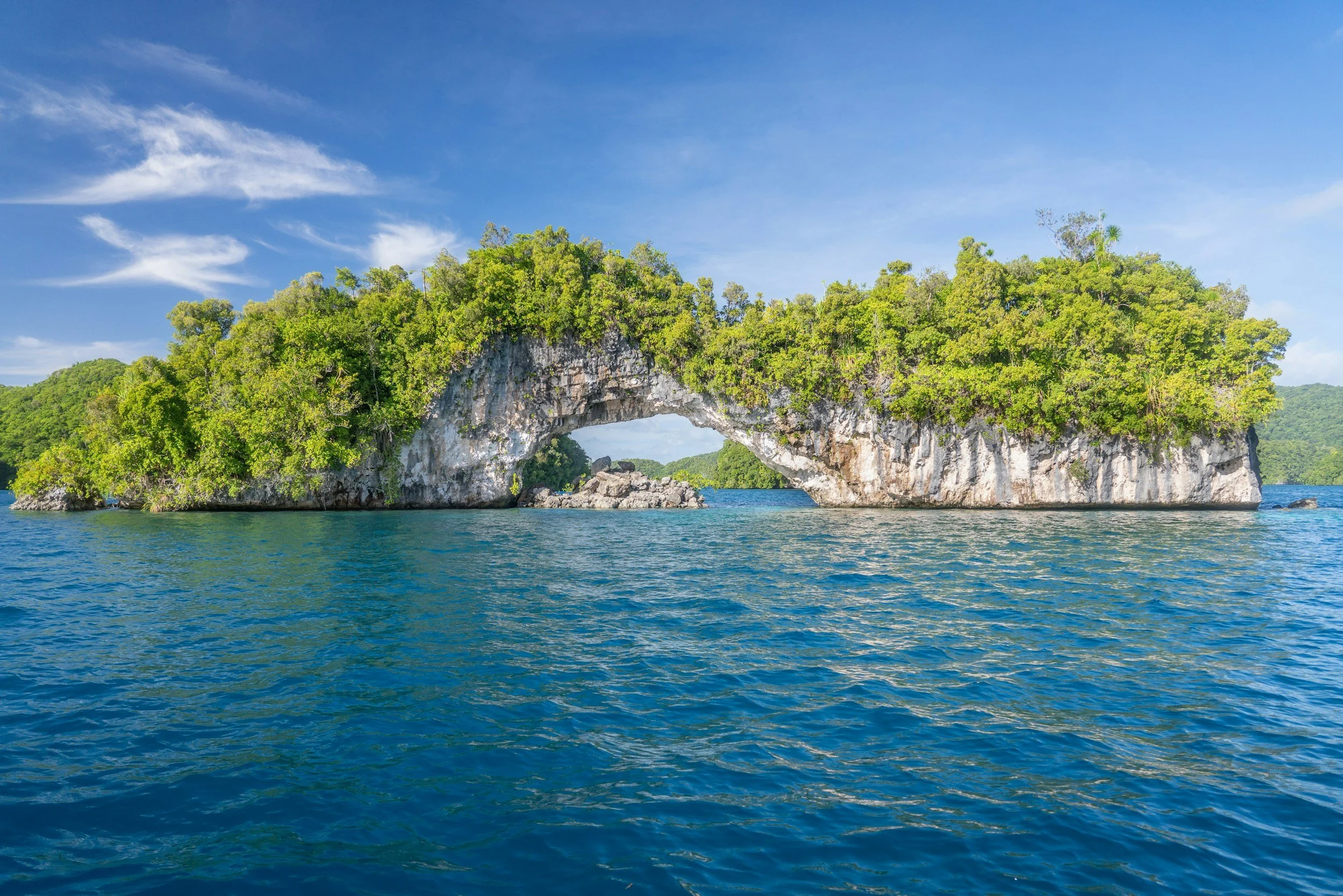 A natural stone arch covered in green foliage over a body of water, with a blue sky and some clouds in the background.