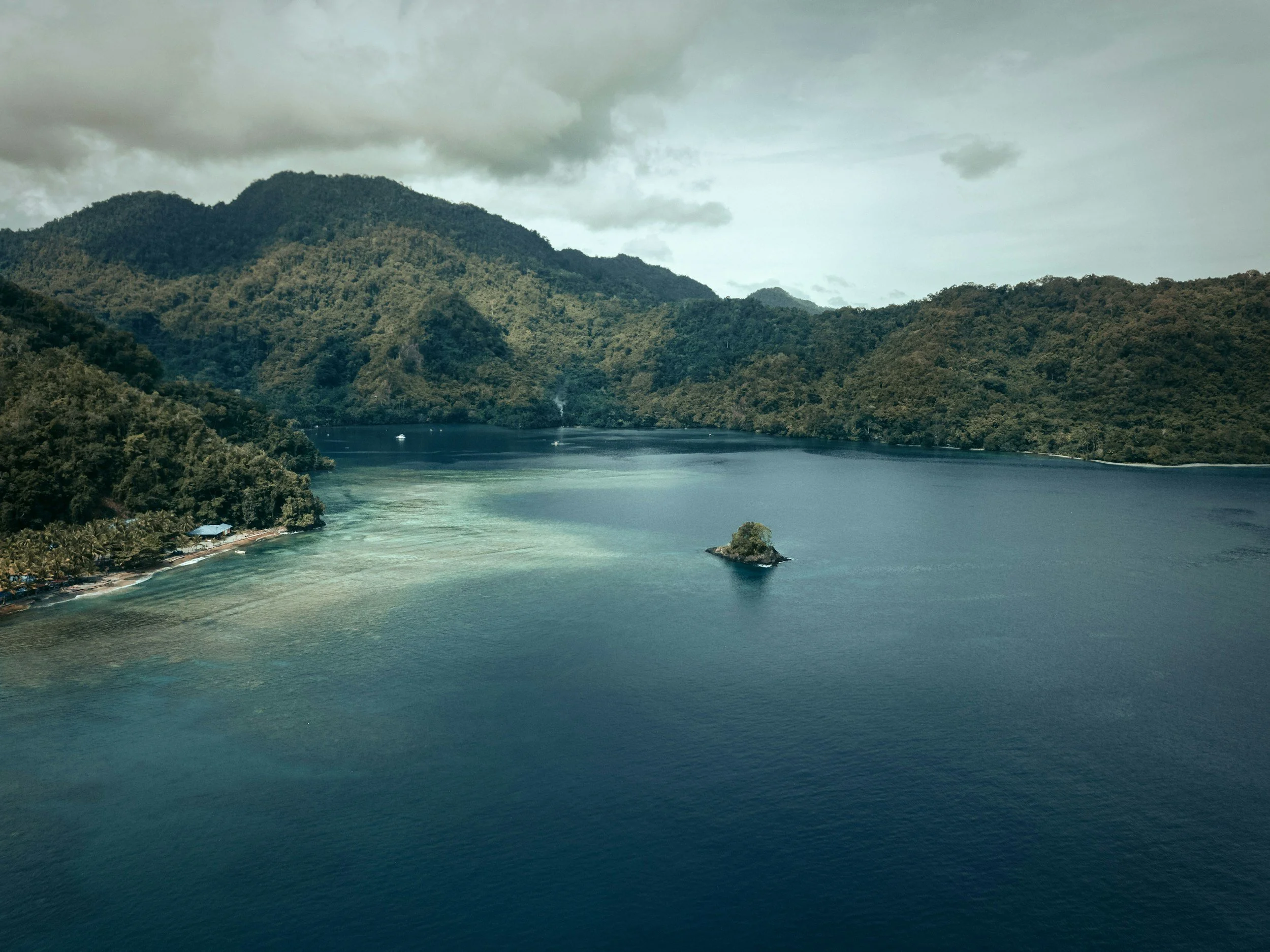 An aerial view of a large lake surrounded by green, forested mountains under a cloudy sky. There is a small island in the lake and some boats near the shoreline.