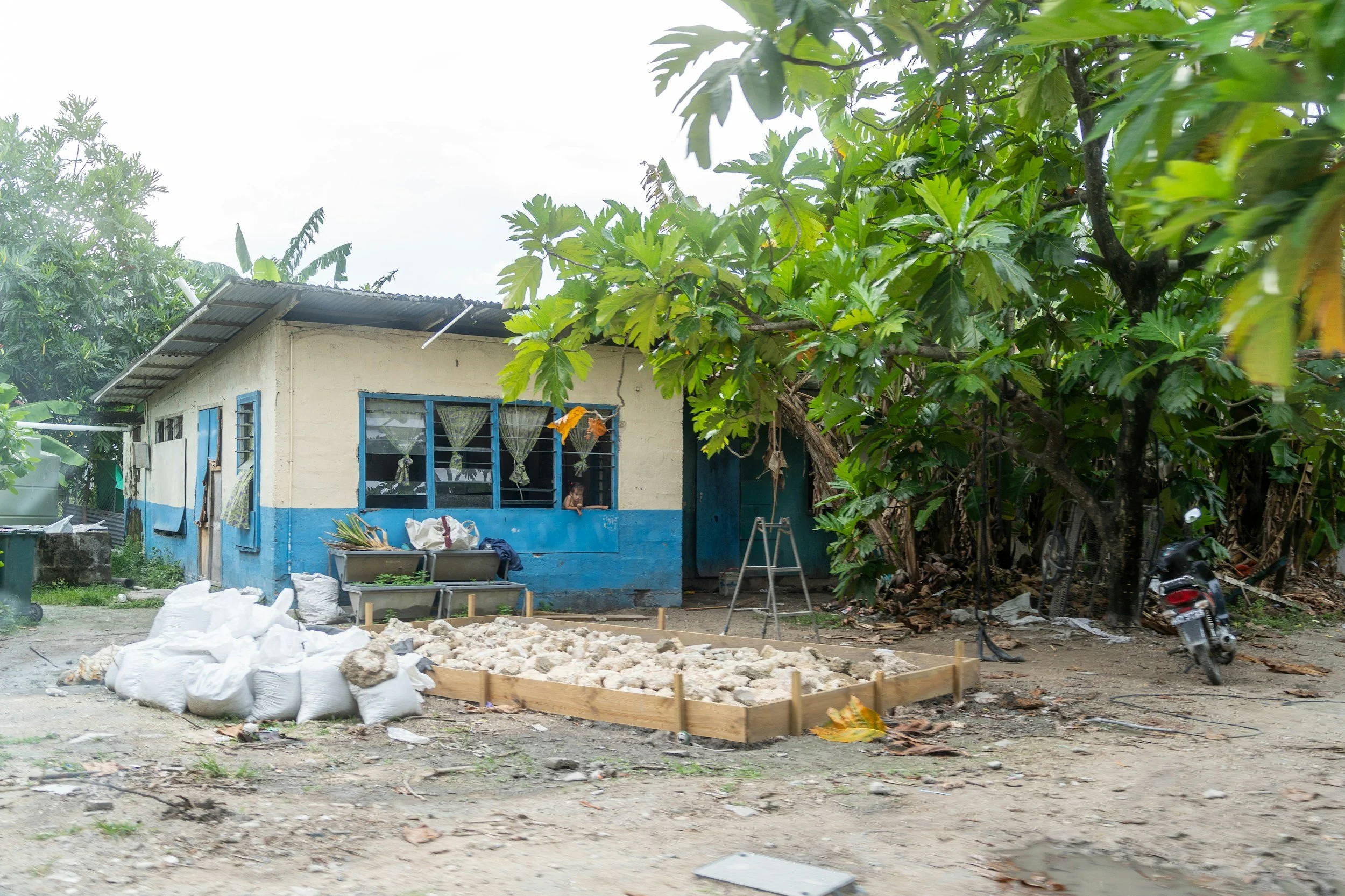 A small house with blue window frames and a two-tone exterior, surrounded by lush green trees, with construction materials and a motorcycle nearby.