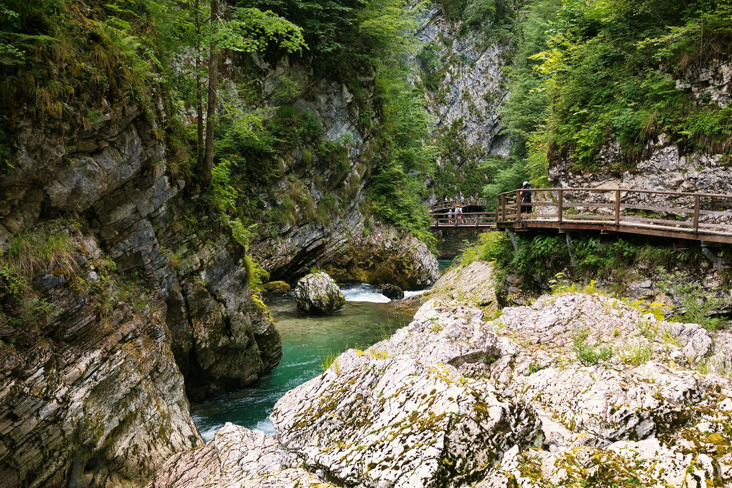 People walking along a wooden trail in a narrow canyon with steep rocky walls covered in greenery, next to a flowing river.