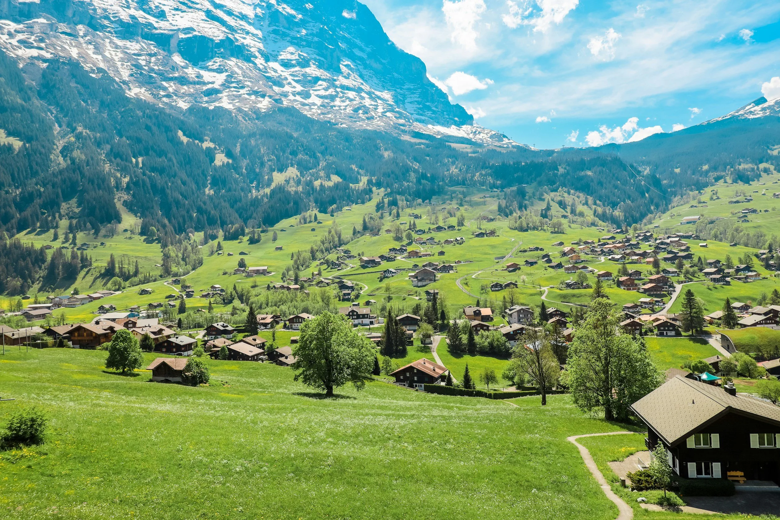 Scenic view of a green village with houses and trees, surrounded by mountains with snow-capped peaks under a blue sky with some clouds.