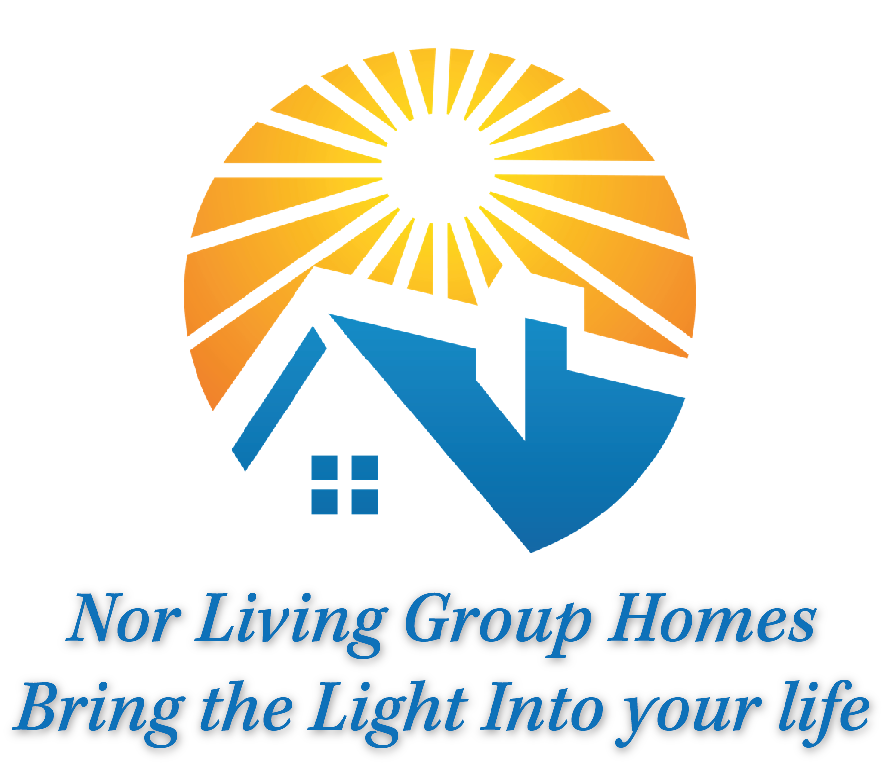Colorful 3D pie chart with segments in yellow, blue, and green, and a caption that reads 'Nor Living Group Homes Bring the Light Into your life' in blue text on a gray background.