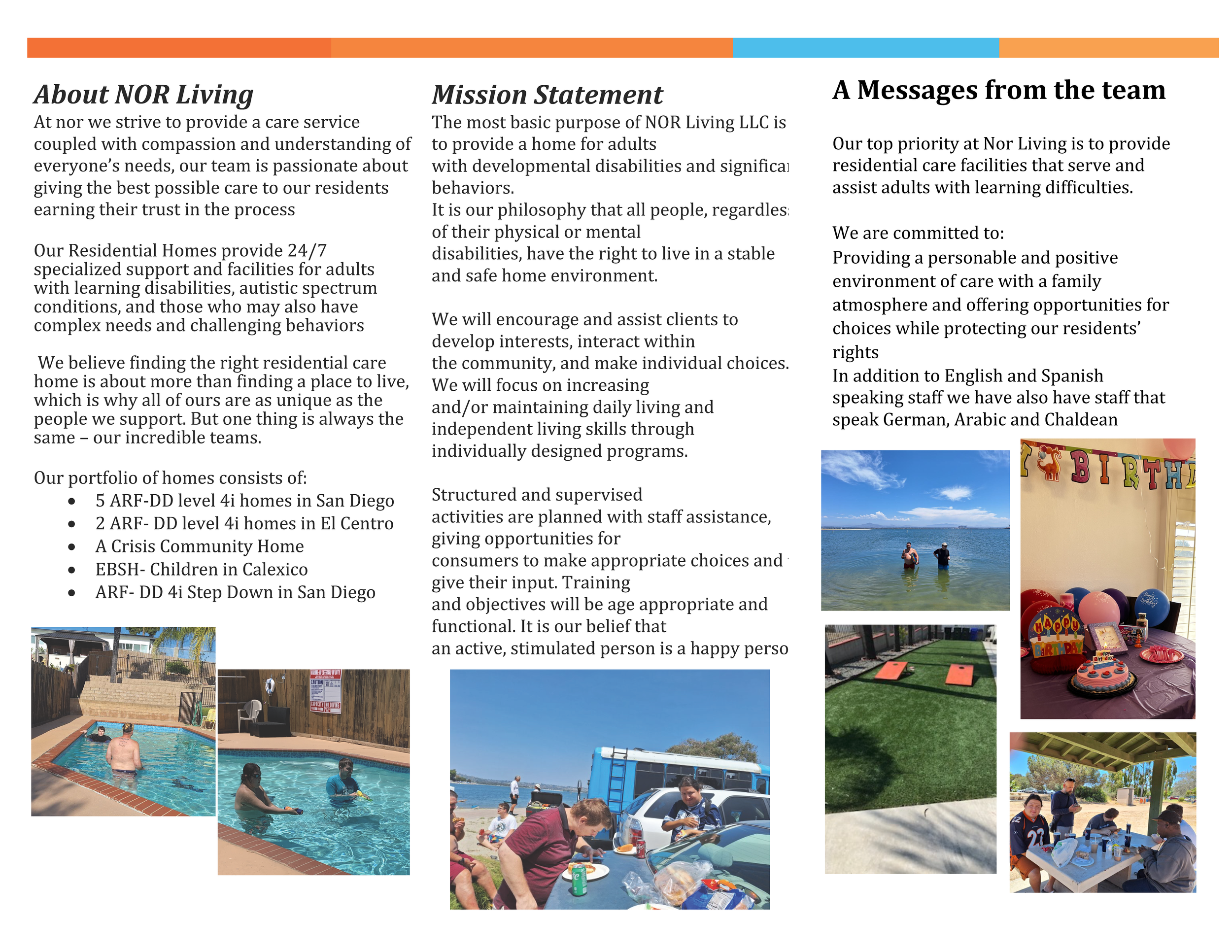 Brochure or informational flyer with text about NOR Living LLC, its mission, services, and team messages. Contains images of people swimming in a pool, outdoor gathering, and birthday decorations.