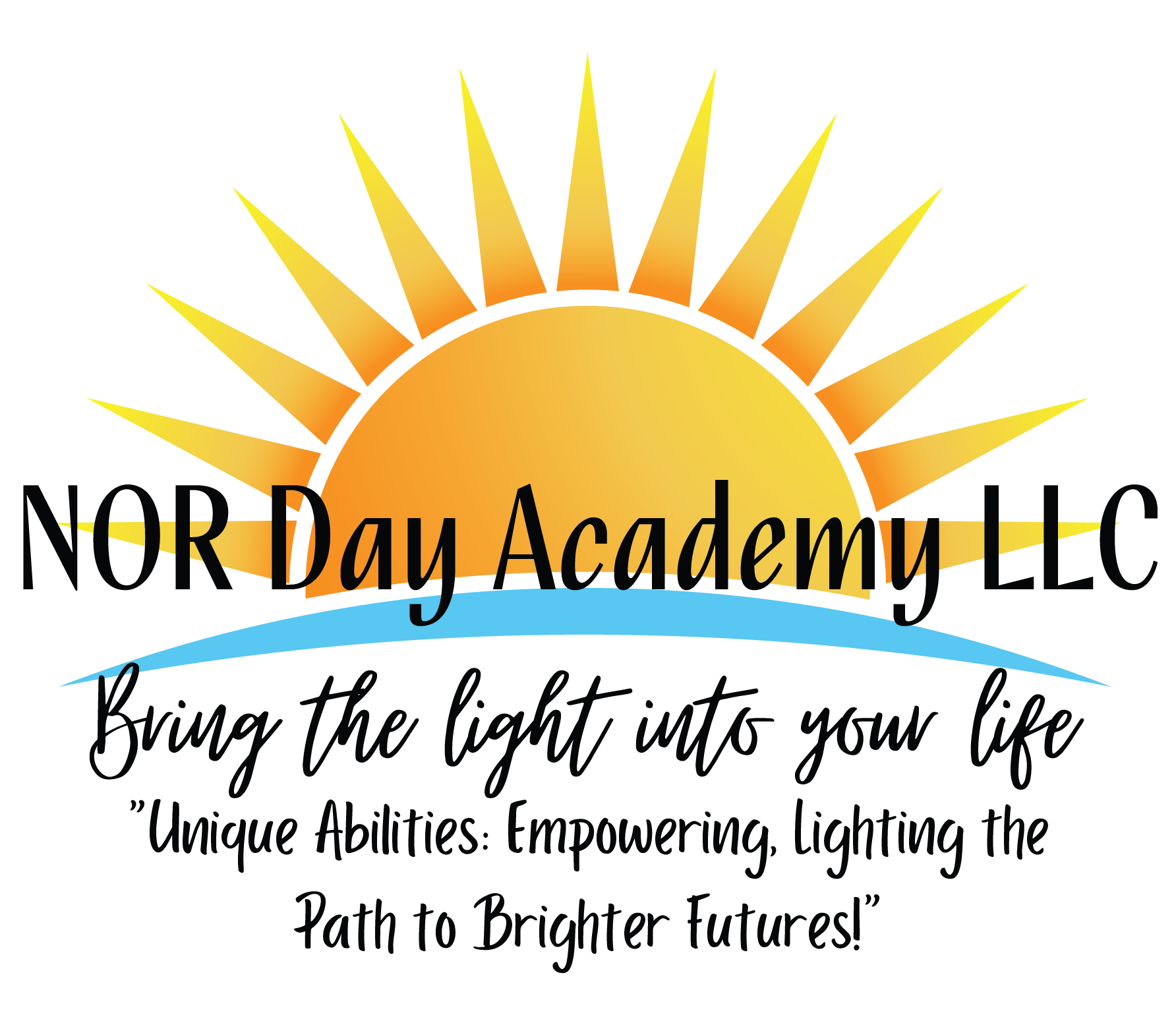 A logo for a Day Academy featuring a stylized sunrise with a yellow-orange gradient and rays extending outward, with the text 'Your Day Academy' overlaid in black and a blue curved line beneath.
