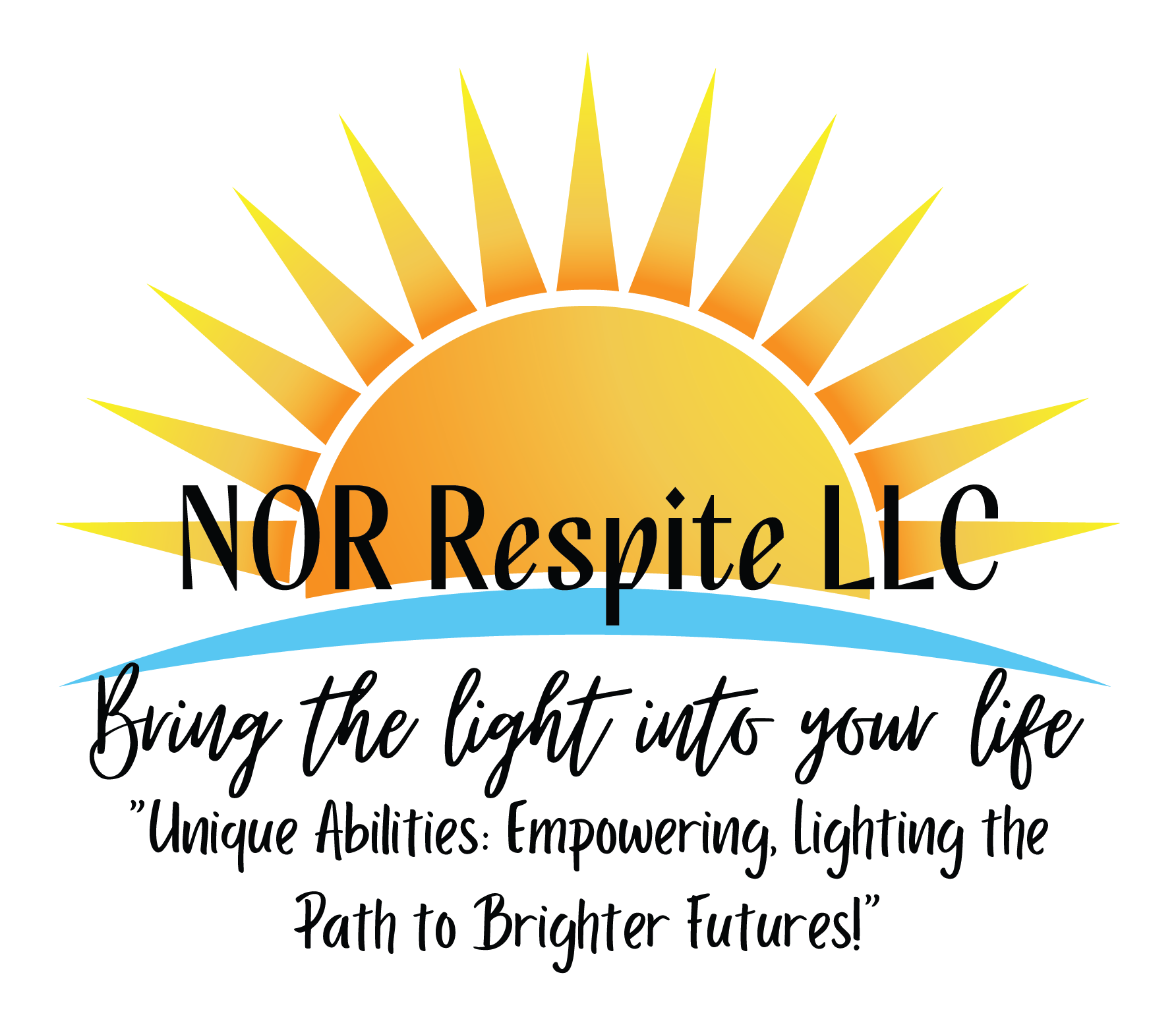 Logo for NOR Respite LLC featuring a stylized sunrise with yellow rays, a blue water element, and black text.