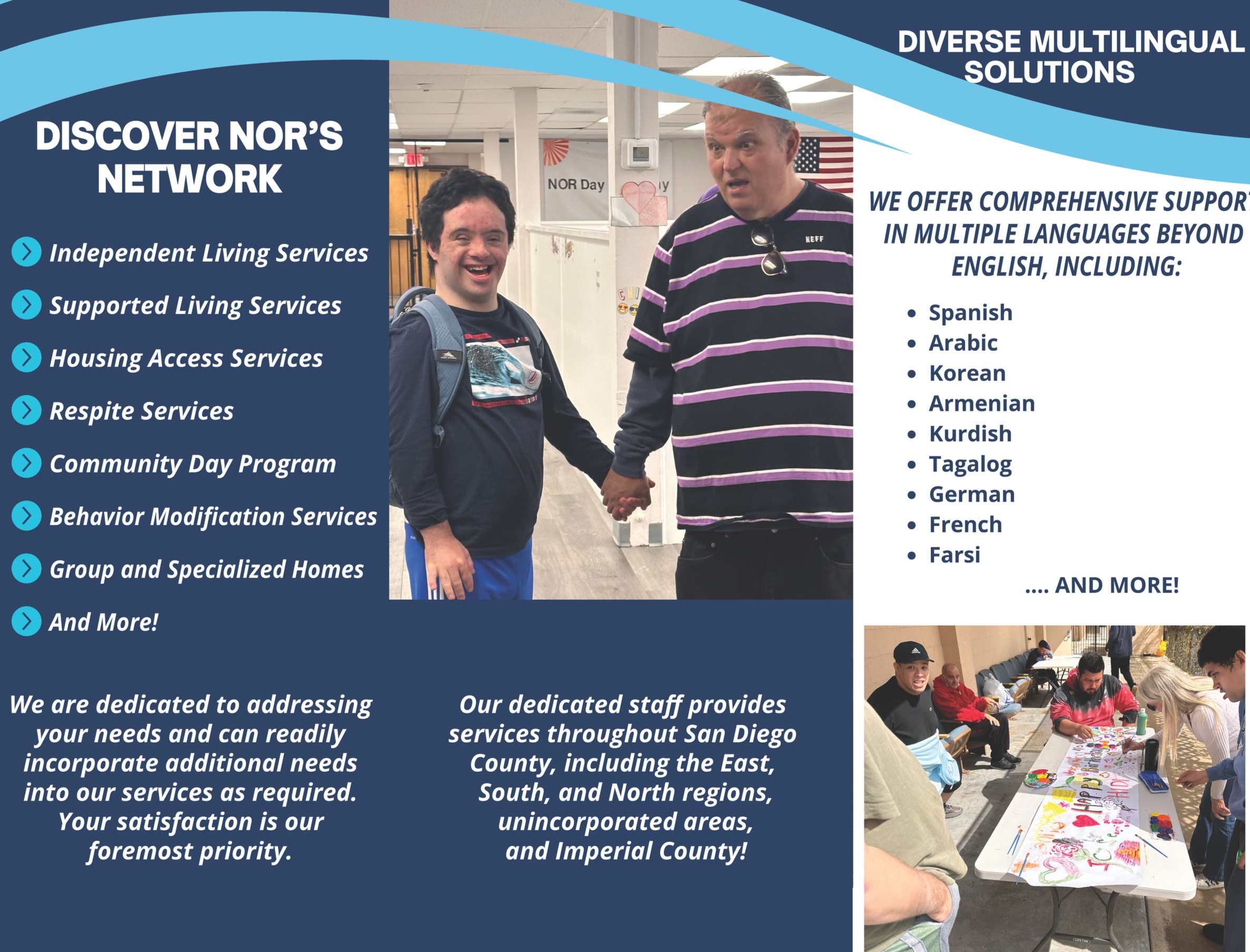 A flyer for NOR's services with two photos: one of two people holding hands and smiling inside a building, and another of a group of people gathered around a table outdoors. The flyer lists the services offered in multiple languages and includes a message about dedicated staff and services across San Diego County.