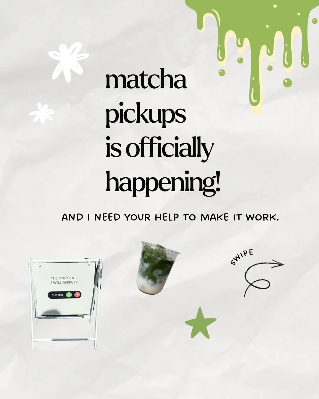 IT IS OFFICIALLY HAPPENING 

Matcha pickups this Saturday !!! 🥹

A local cafe has kindly said yes to me popping up for you guys to pick up your matcha orders!!!

HOW IT WORKS:
- pre-orders will open from this Wednesday and close Friday noon. I&rsquo