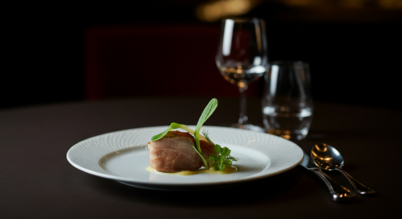 A gourmet dish with a piece of cooked meat garnished with green herbs, served on a white textured plate, with a glass of red wine, a glass of water, and silverware on a dark table.