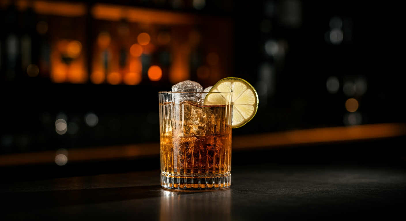A glass of an amber-colored cocktail with ice cubes and a lemon slice garnishing the rim, placed on a dark bar counter with blurred warm background lights.