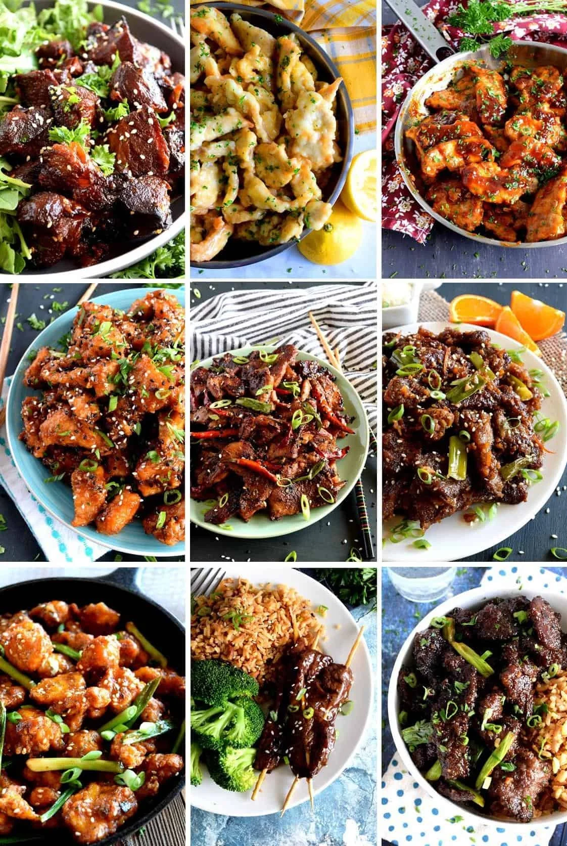 Collage of nine different Asian dishes featuring various stir-fried meats and vegetables, including beef, chicken, and pork, garnished with green onions and sesame seeds.