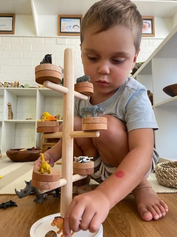 Young child exploring a wooden marble run and natural play materials in the Stingrays room
