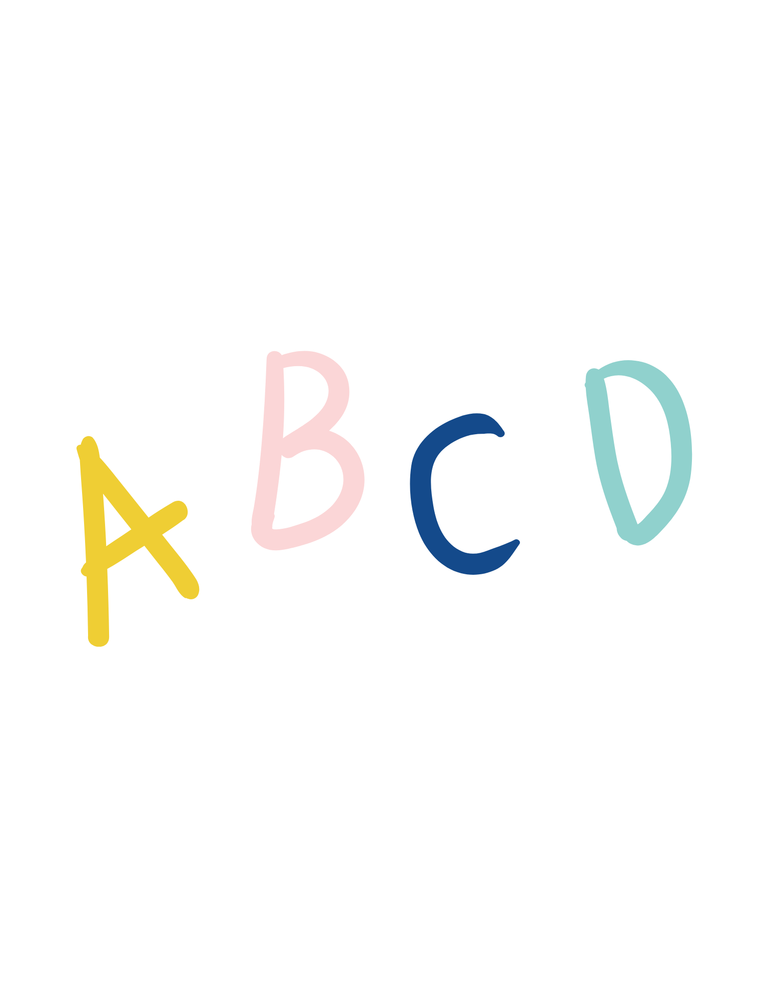 Colorful hand-drawn letters A, B, C, and D on a black background.