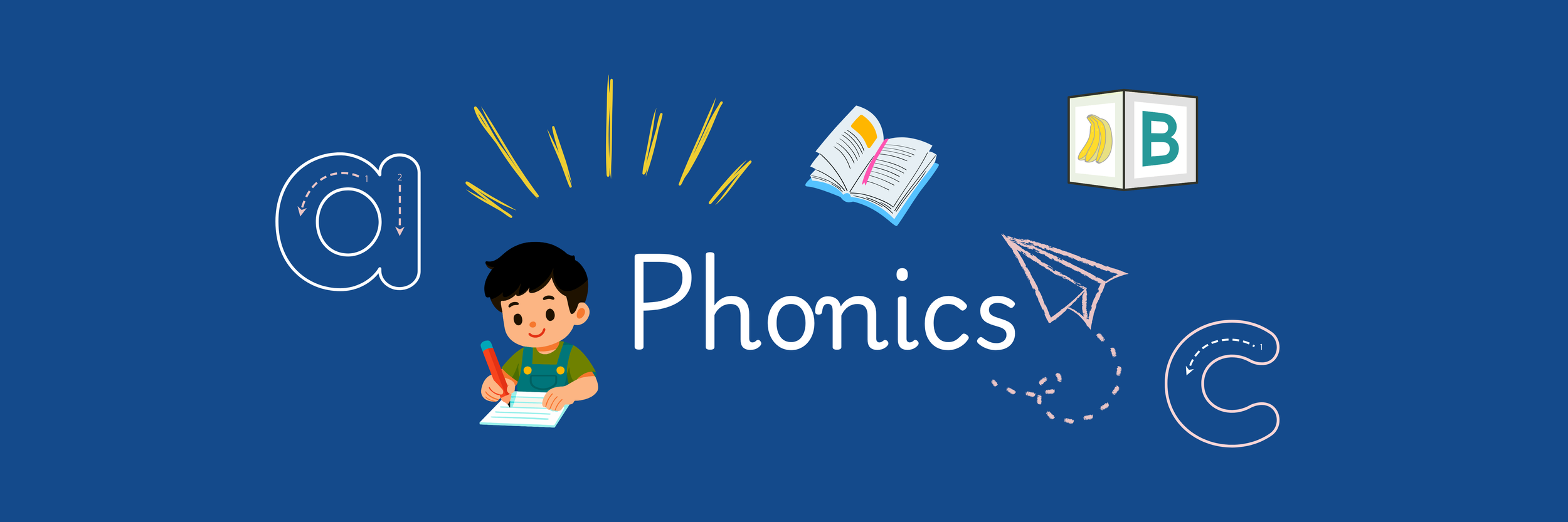 Illustration for a phonics educational material featuring a smiling child writing, with a book, speech bubble, and learning icons like a letter block with a banana and letter B, and a paper airplane on a blue background.