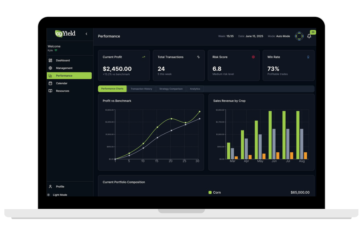 Laptop computer showing AgYield's simulator tool program.