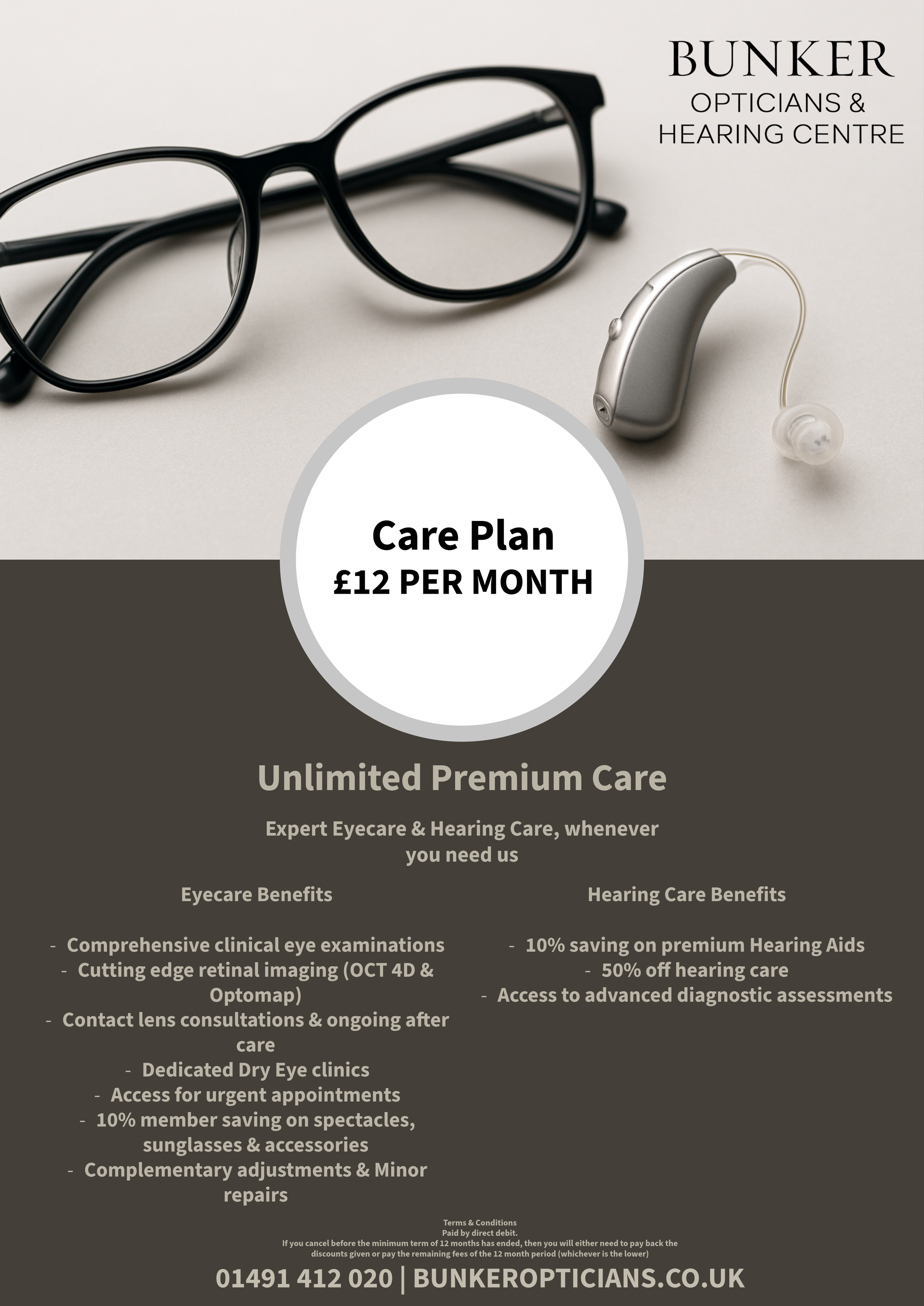Advertisement for Bunker Opticians & Hearing Centre promoting a care plan costing £12 per month, offering unlimited premium eye and hearing care with benefits like eye examinations, retinal imaging, hearing aids discounts, and access to diagnostics. Includes contact info and website.