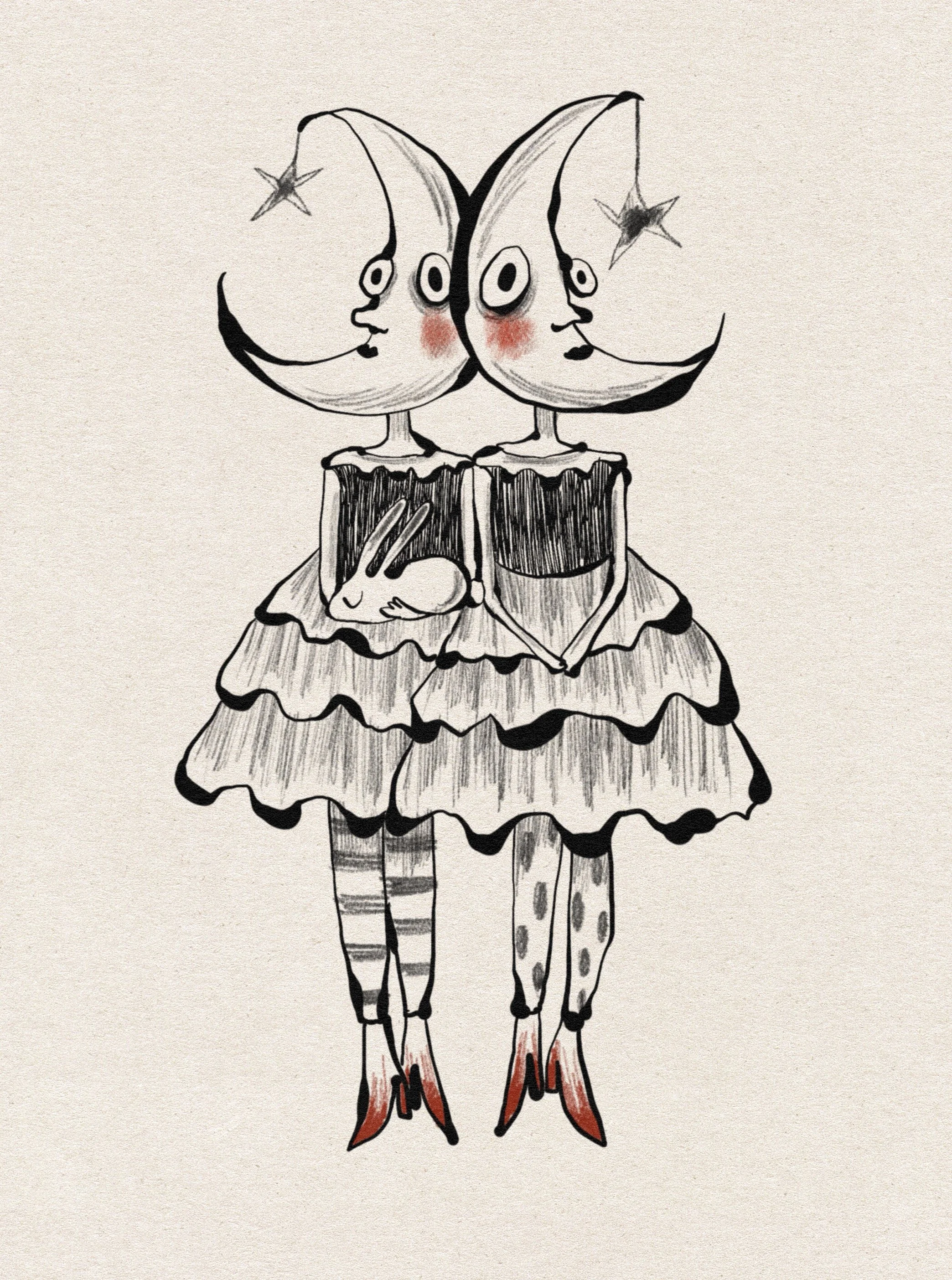 Two whimsical characters with moon-shaped faces and star decorations on their heads, dressed in layered dresses, standing side by side with one holding a small rabbit, in black and white with red accents on their faces and shoes.