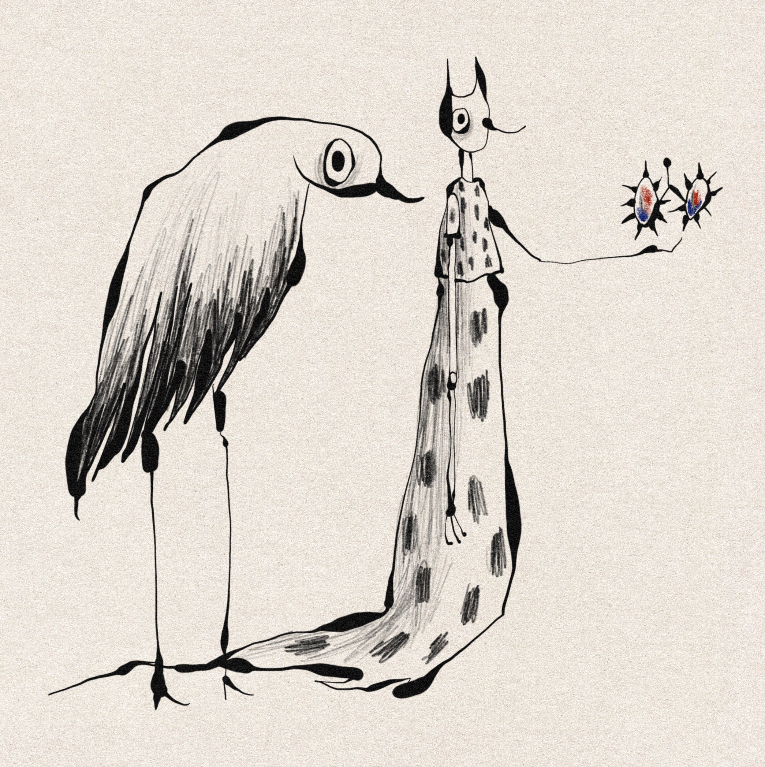 A black and white illustrated creature with the body of a snake, perched on a branch, with the head and wings of a bird, holding two colorful butterflies in its beak.