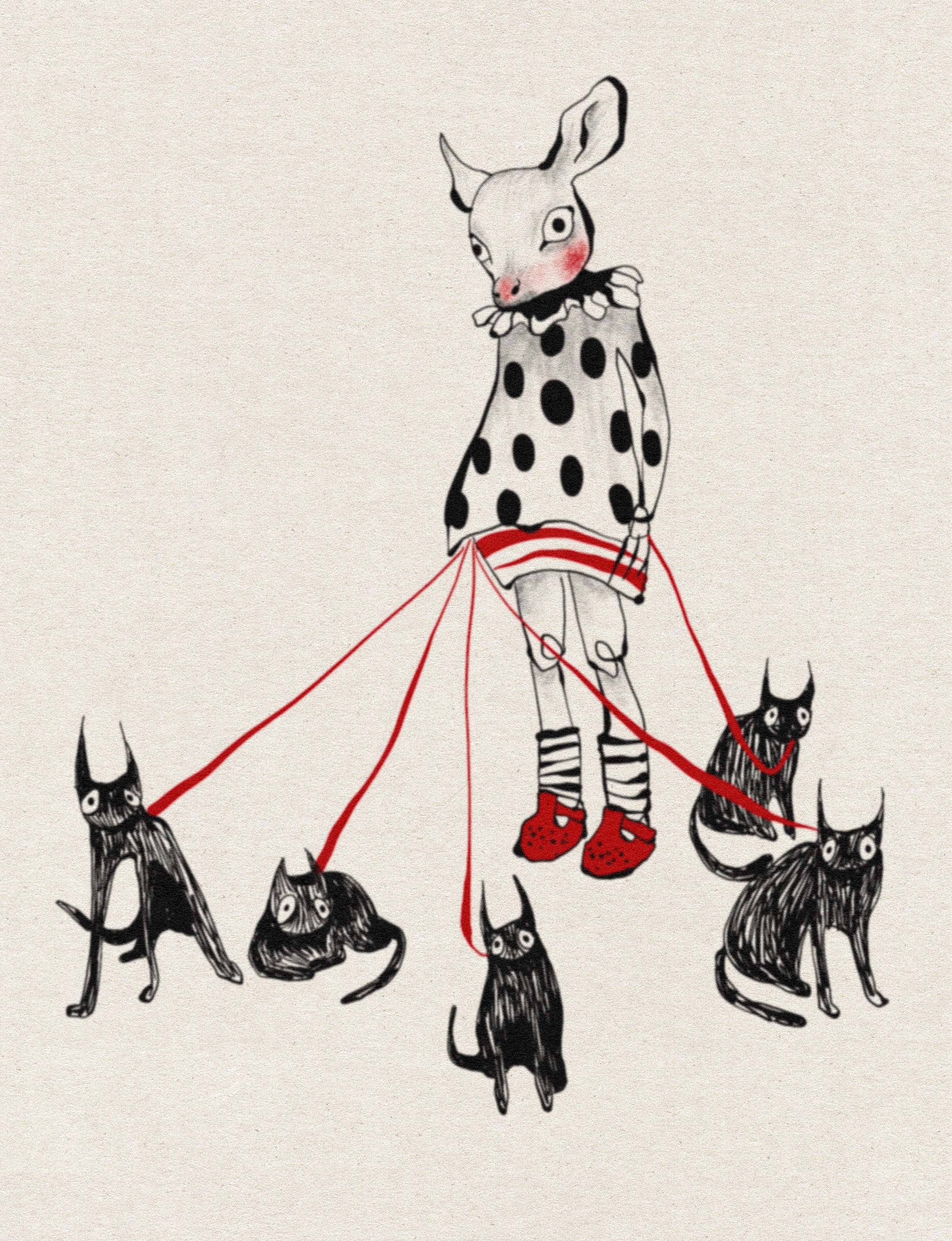 A whimsical illustration of a rabbit girl with a bunny face, wearing a black polka-dot dress, striped tights, red slippers, and a ruffled collar. She is holding leashes attached to five black cats with wide eyes, drawn in a sketchy style, against a plain background.