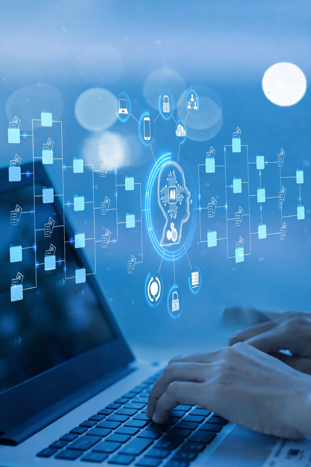 Person using a laptop with digital icons representing AI cloud computing, AI cyber security, and data management projected above the keyboard.
