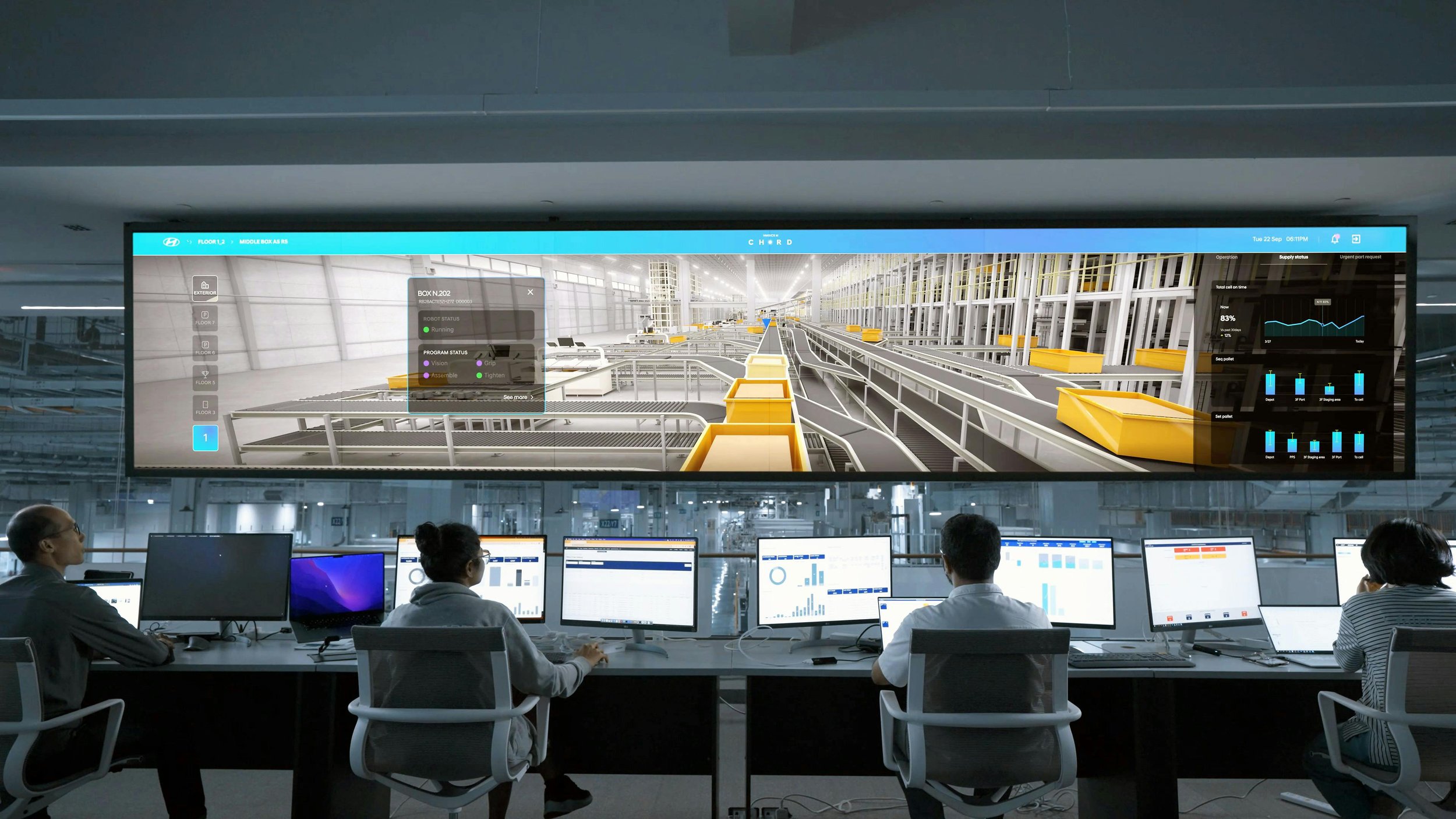 A control room with five operators monitoring multiple computer screens. Large digital display showing an industrial warehouse or manufacturing facility with conveyor belts and yellow bins.