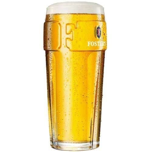 A pint glass of beer with a white head, condensation on the outside, and a Fosters logo on the side.