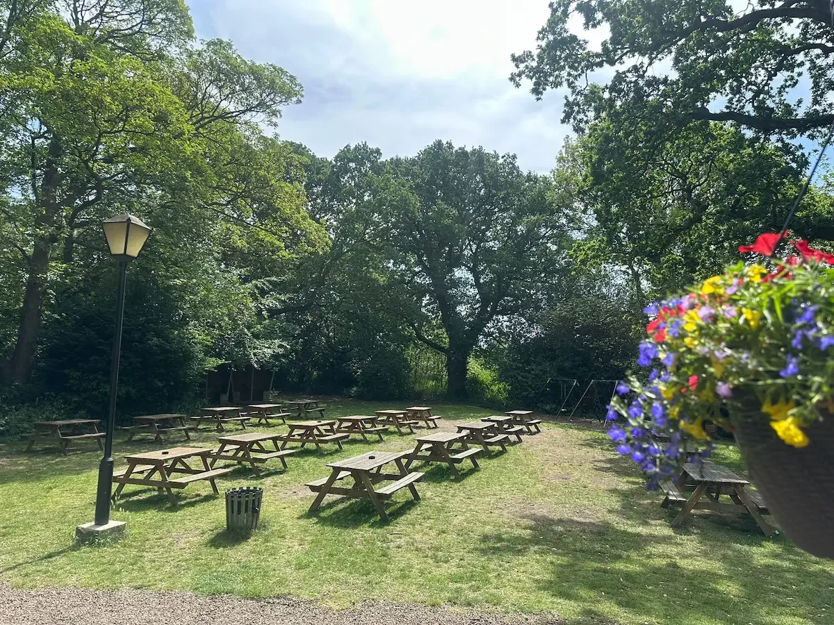 An outdoor park scene with wooden picnic tables and benches on a grassy area, surrounded by tall green trees. There is a black lamppost and a small trash can on the grass. To the right, a hanging flower basket with colorful flowers, including purple, yellow, and red blooms, is partially visible.