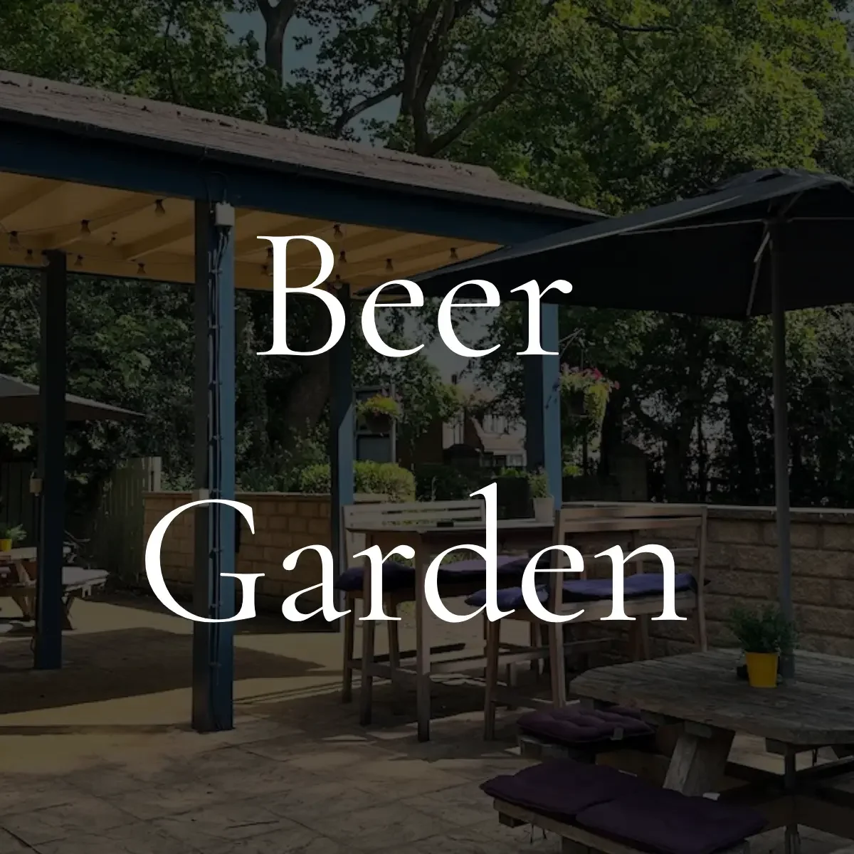 Decorative text overlay reading 'Beer Garden' over an outdoor seating area with wooden benches, a table, umbrellas, and greenery.