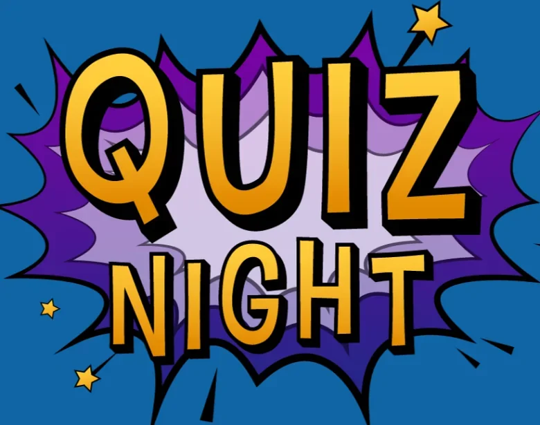 Colorful comic book style graphic with the text "Quiz Night" in bold yellow letters on a purple explosion shape, with a blue background and small yellow stars.
