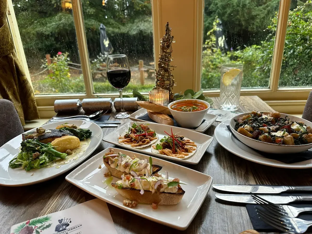 A table set with various dishes, including a spinach and potato dish, a bowl of soup, small open-faced sandwiches with toppings, a vegetable stew, and a salad, with a glass of red wine, a glass of water with lemon, and a small decorative tree, by a window overlooking a garden.