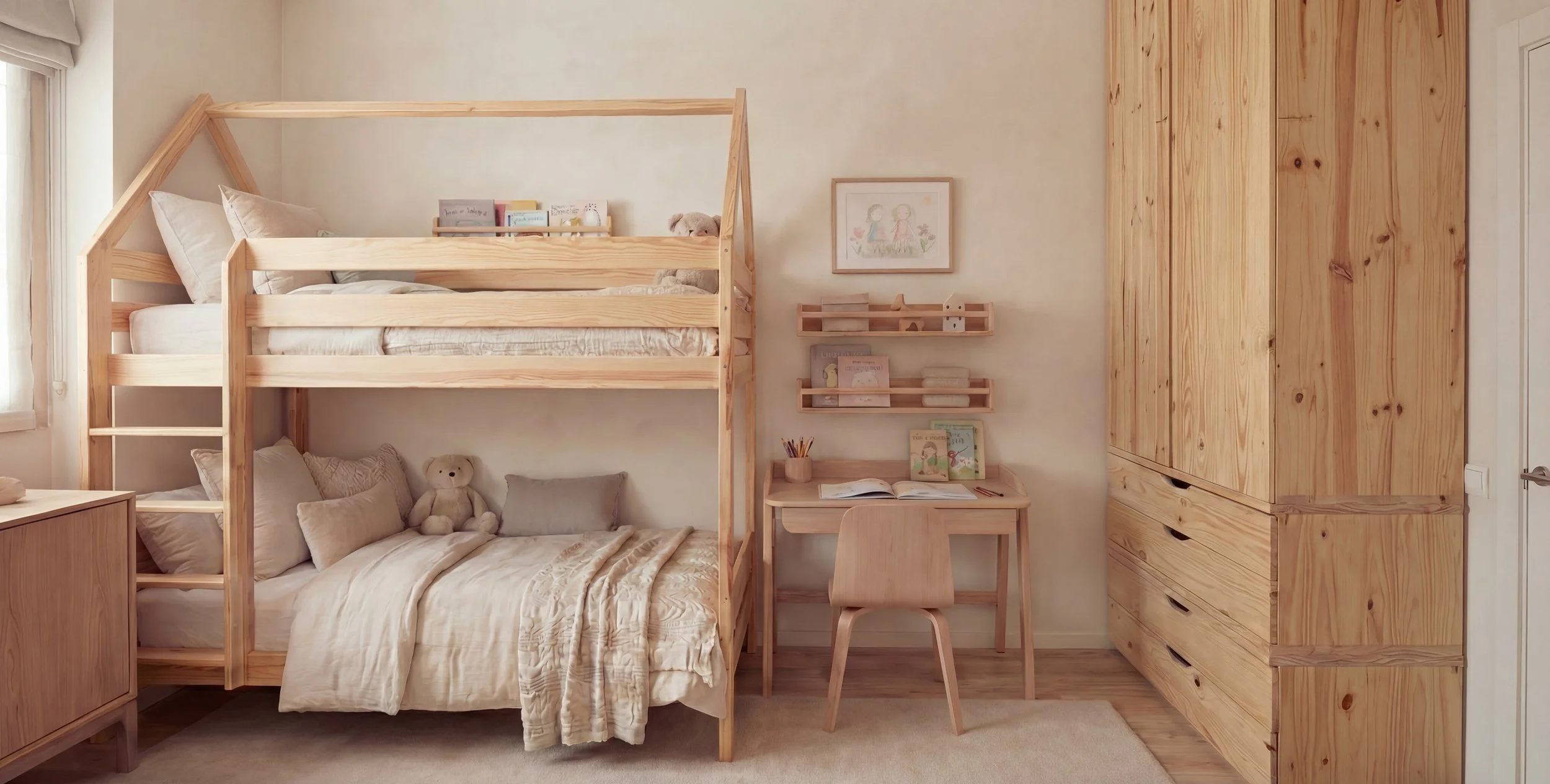 "Habitación infantil con litera de madera a medida en reforma integral en Sant Cugat. Diseño orgánico y minimalista cálido para optimizar el espacio en vivienda familiar."