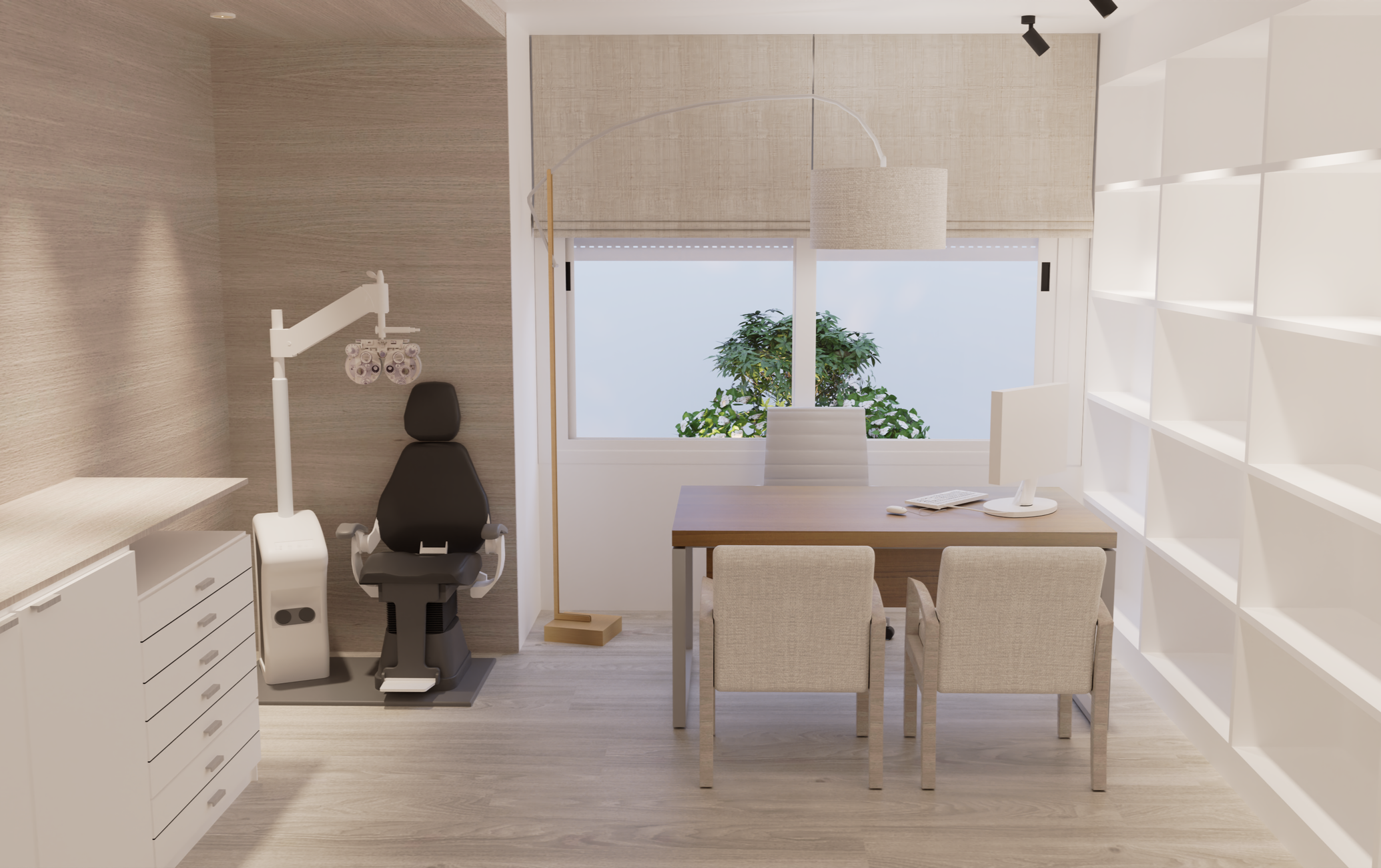 Consulta médica con luz natural y equipos de alta precisión en clínica oftalmológica en Barcelona. Diseño minimalista cálido para optimizar los tiempos de consulta.