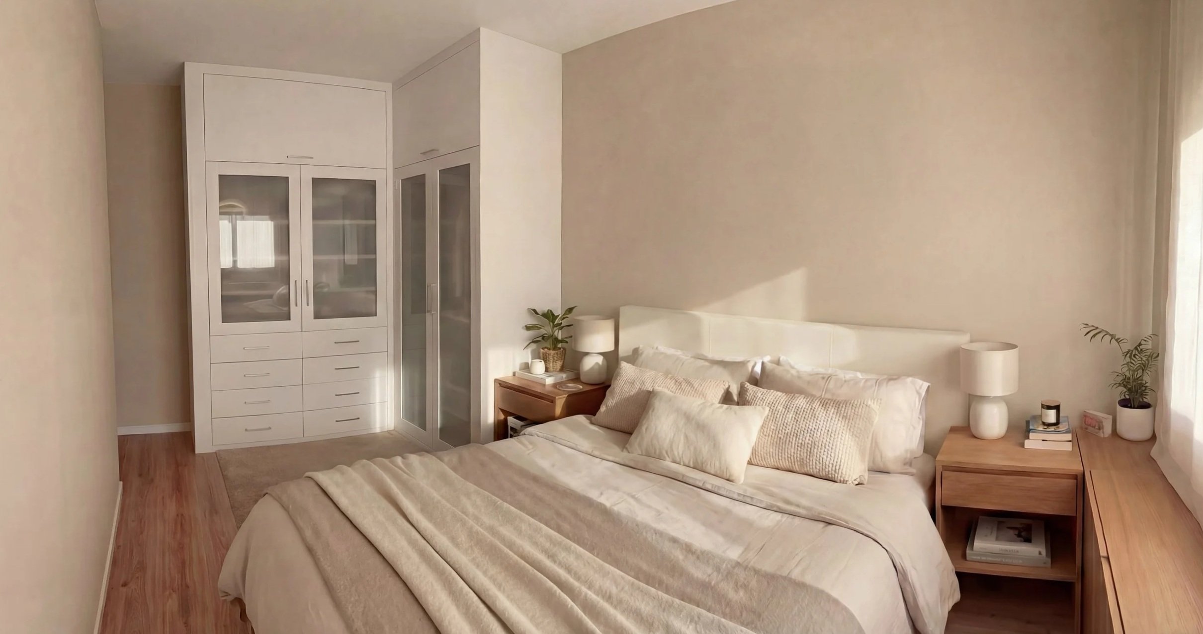 "Dormitorio principal luminoso con armarios a medida en reforma de vivienda en Sant Cugat. Soluciones de orden invisible y estética minimalista cálida."