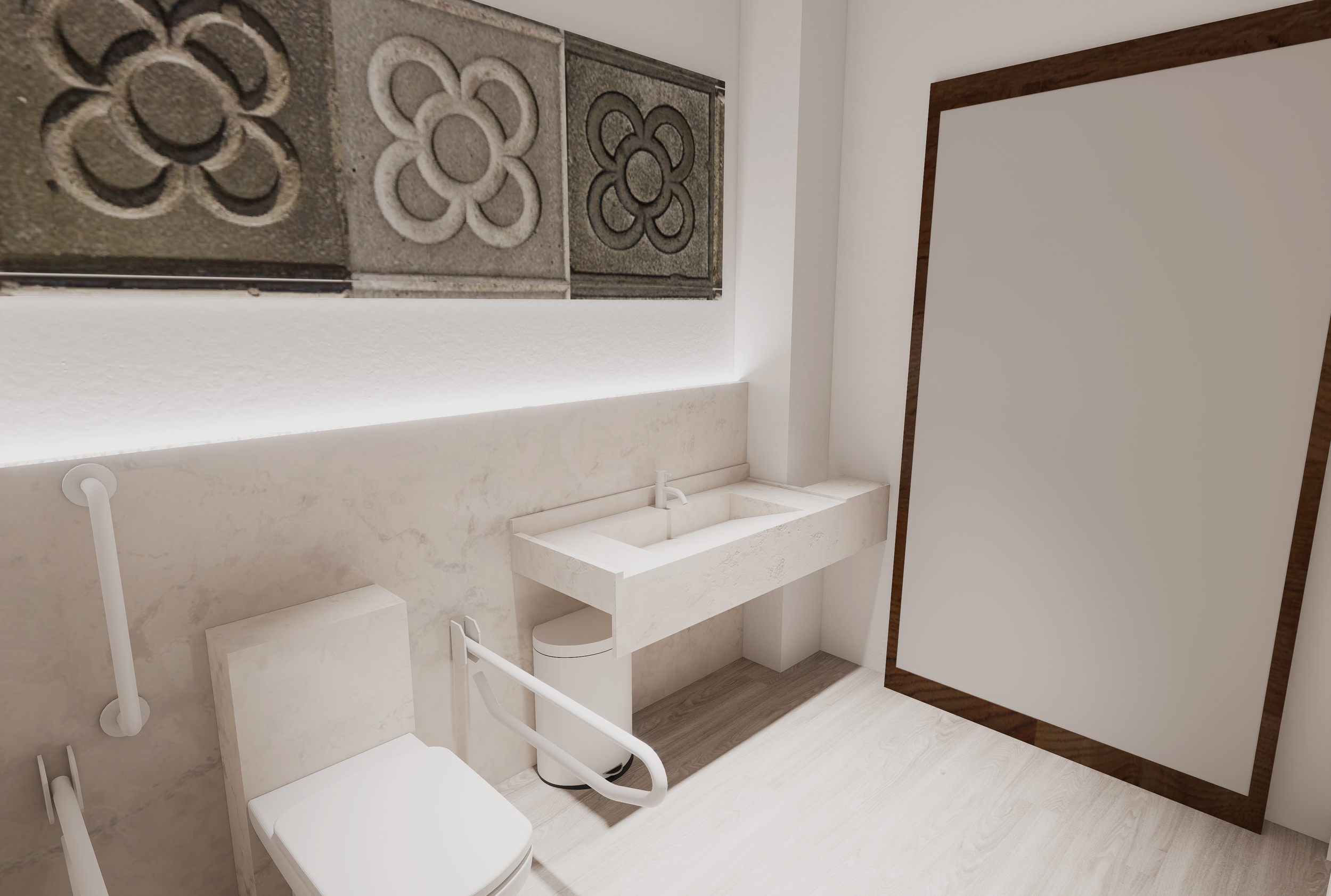 Baño adaptado con lavabo de piedra y texturas naturales en clínica oftalmológica en Barcelona. Diseño cálido que cumple con la estricta normativa sanitaria.