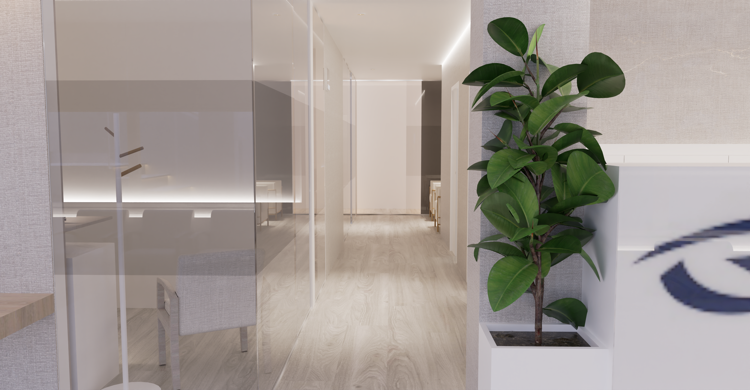 Pasillo luminoso con paredes de cristal en clínica oftalmológica en Barcelona. Organización milimétrica diseñada para separar los flujos de personal y pacientes.