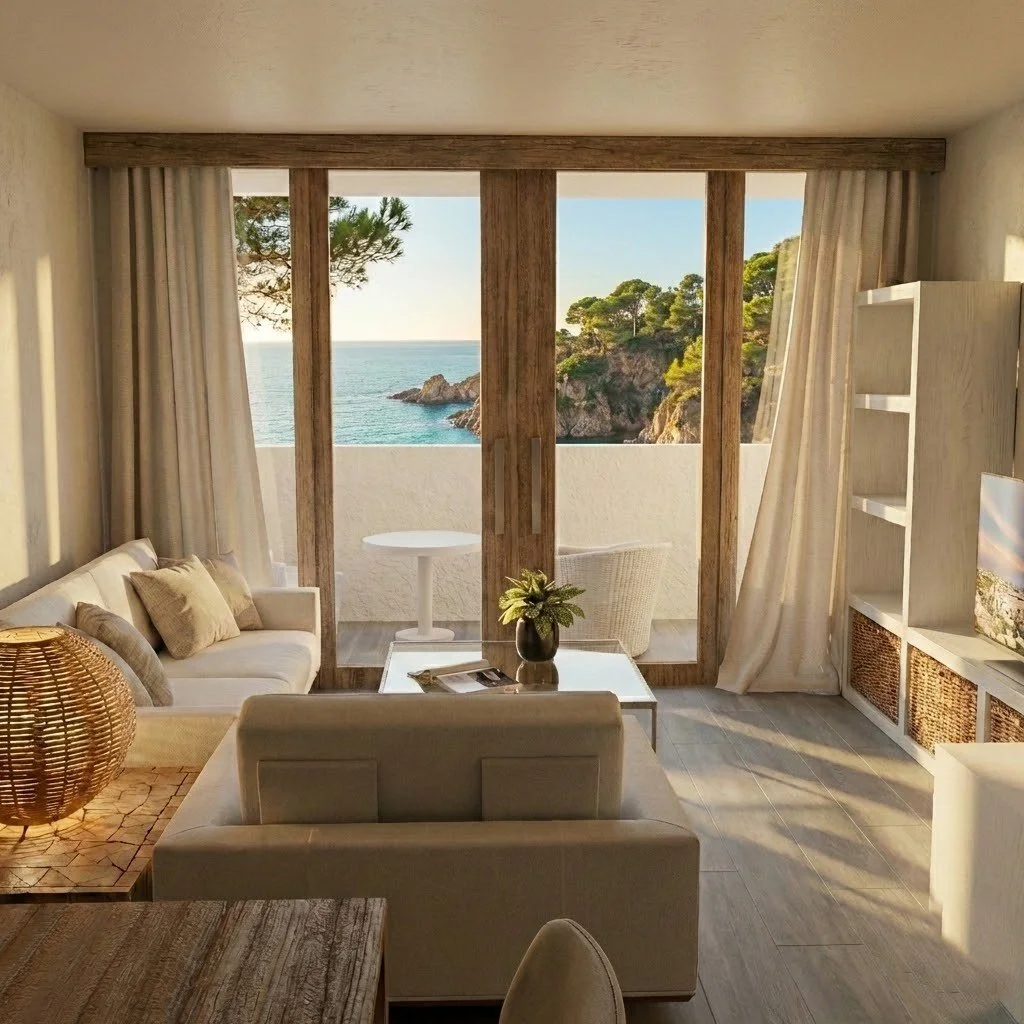 Sala con vista al mar y a las colinas, con ventanas grandes, cortinas claras, muebles beige y decoración de estilo mediterráneo.