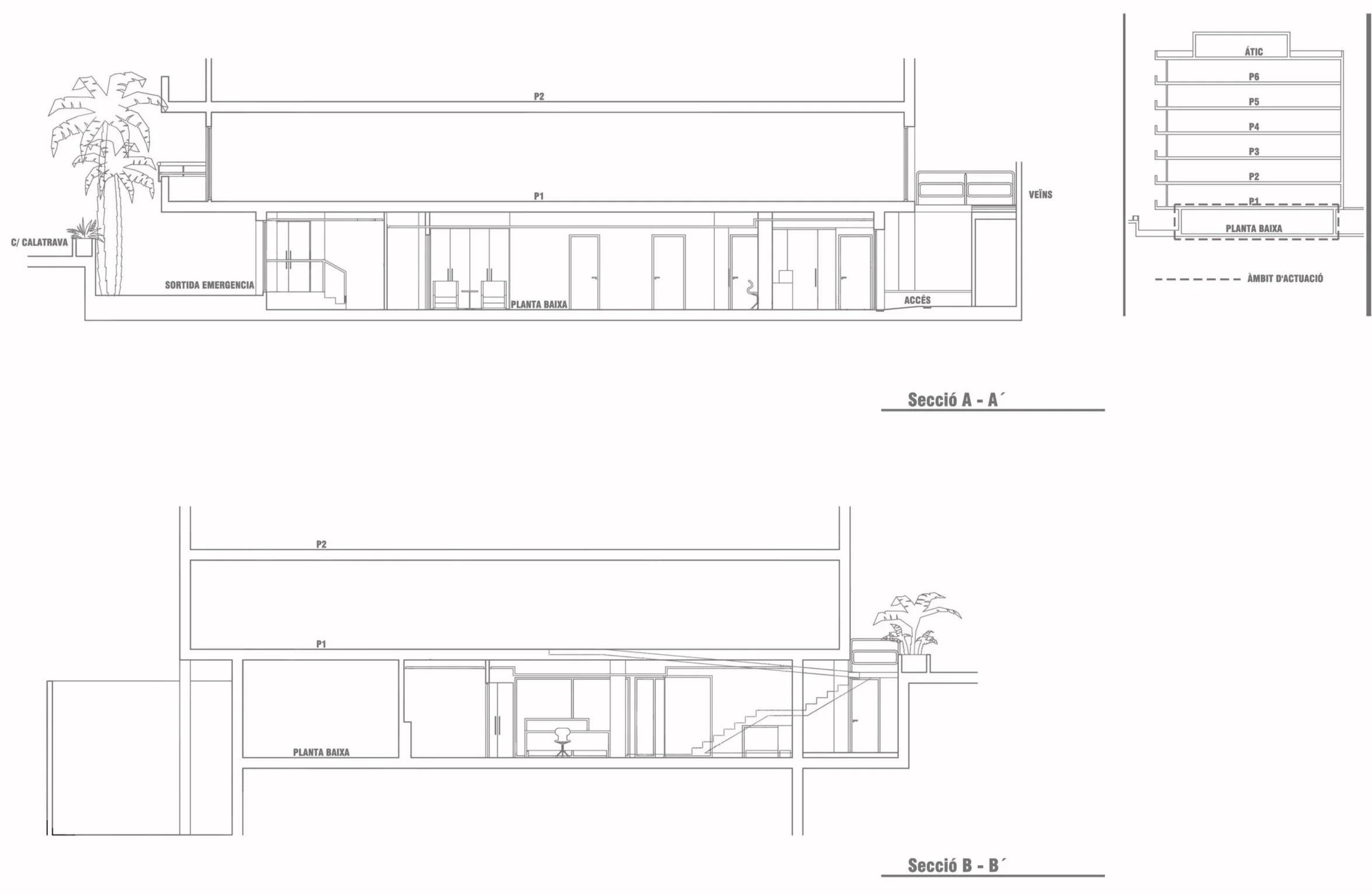 Planos de estado inicial y final para reforma de clínica oftalmológica en Barcelona. Sistematización de espacios profesionales de alta exigencia.