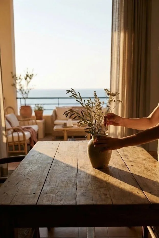 Mano colocando flores en un jarrón en una mesa de madera en un interior con vista al mar y muebles de sala al fondo.