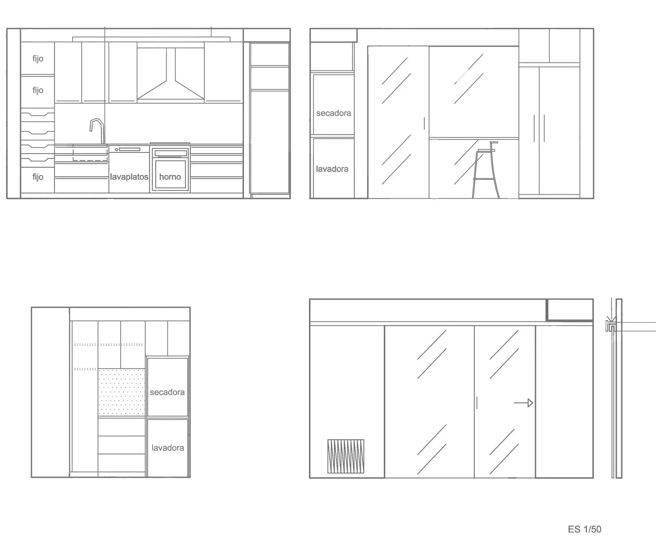 "Planos de arquitectura interior de estado inicial y final para reforma de 74m² en Sant Cugat. Redistribución estratégica para eliminar barreras y ganar amplitud sensorial."