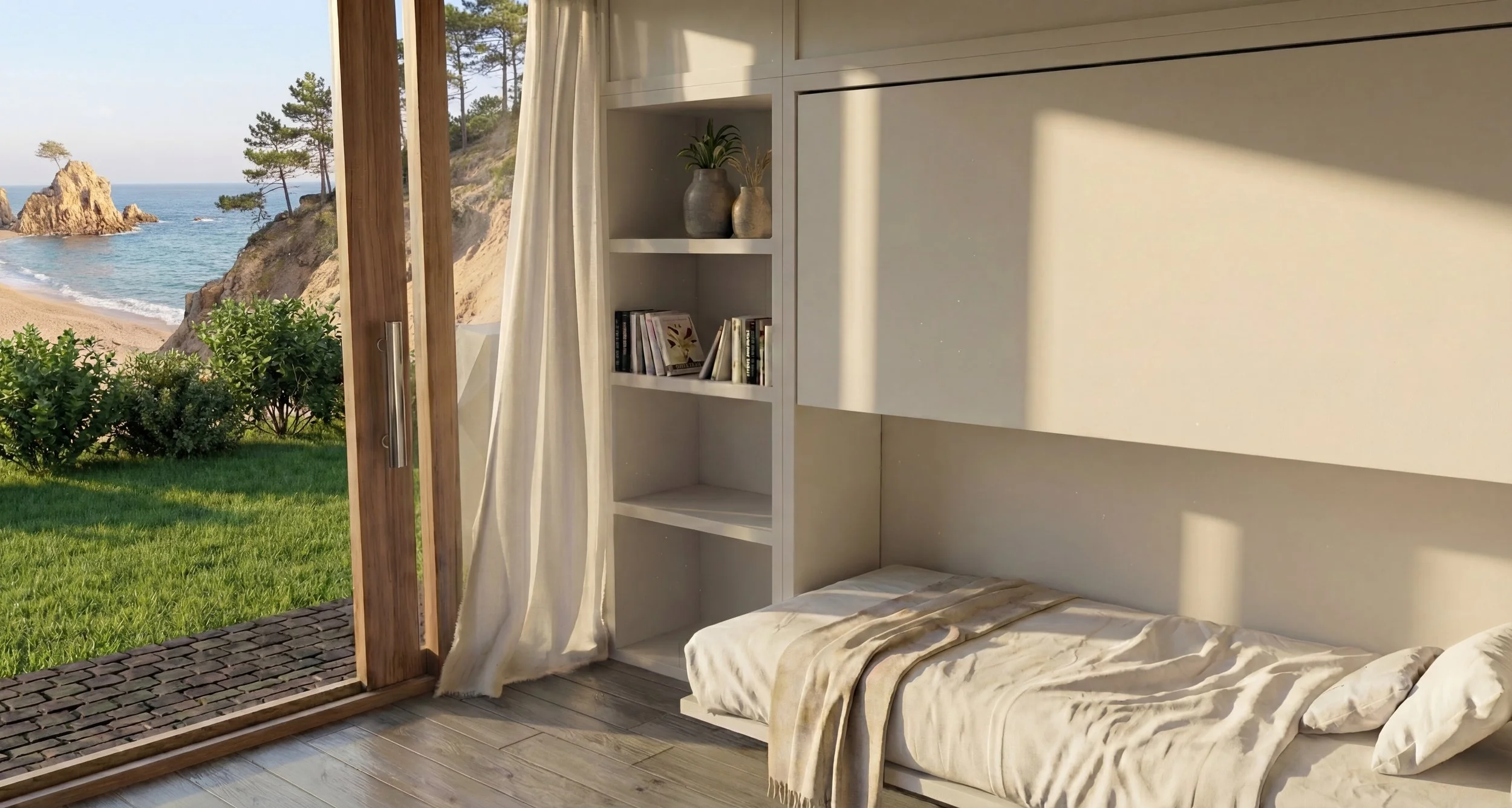 Habitación de invitados con litera abatible integrada en dúplex vacacional de estilo mediterraneo