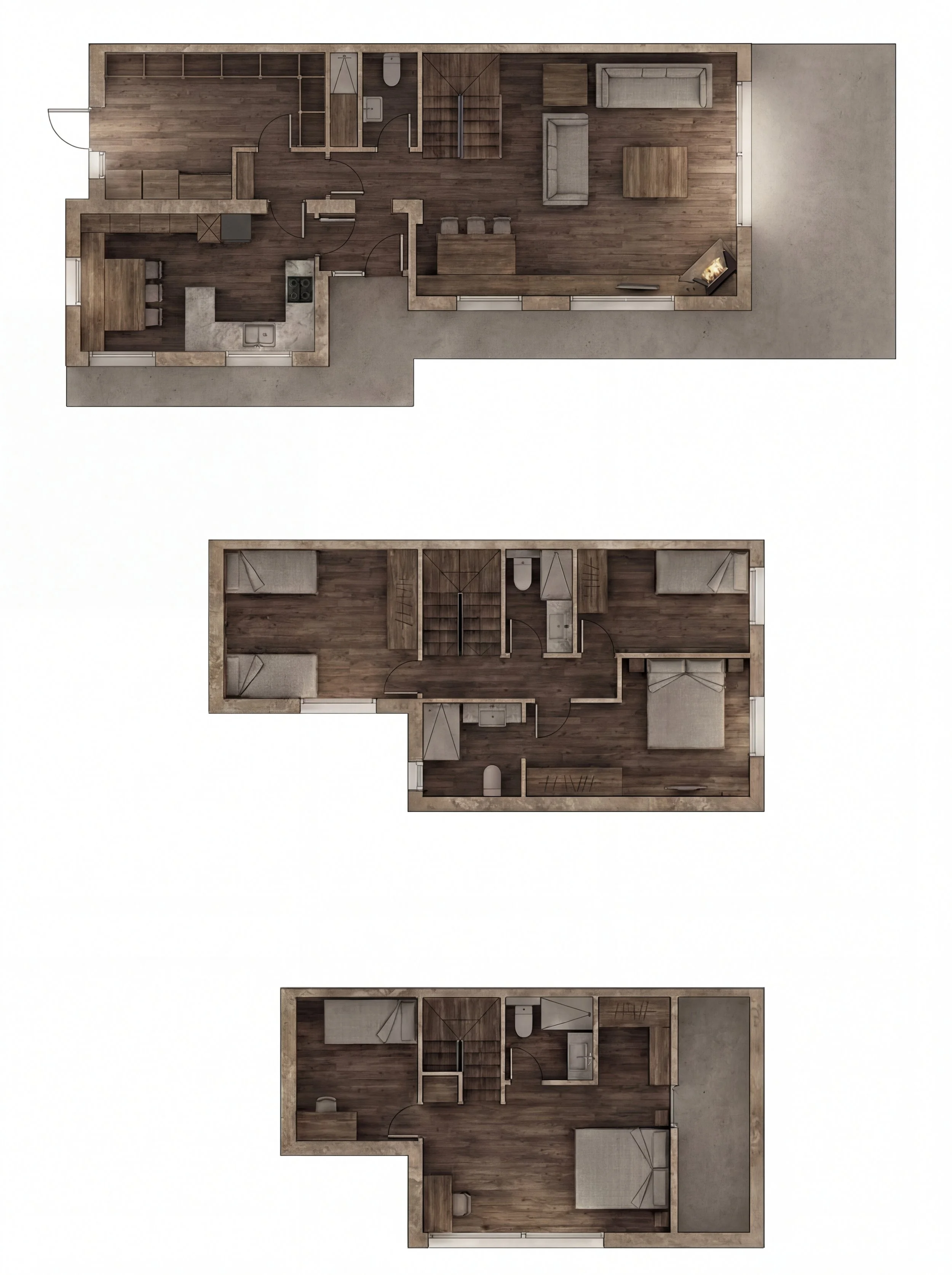 Planos de estado inicial y final de reforma integral de casa de montaña en La Cerdanya. Rediseño técnico de tres plantas convirtiendo áreas residuales en activos habitables.
