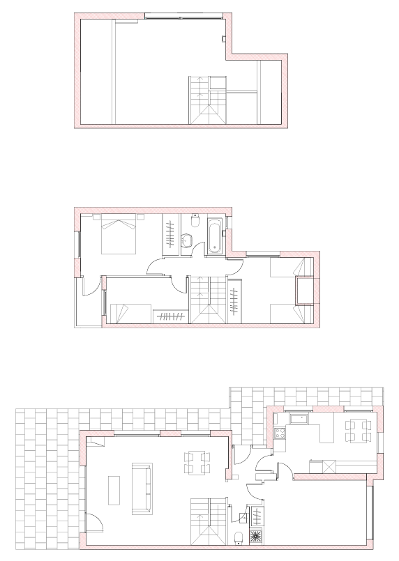 Planos de estado inicial y final de reforma integral de casa de montaña en La Cerdanya. Rediseño técnico de tres plantas convirtiendo áreas residuales en activos habitables.