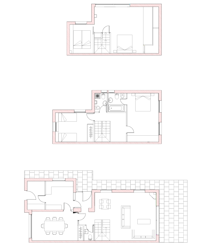 Planos de estado inicial y final ilustrados para reforma de refugio en La Cerdanya. Reconfiguración de tres plantas para maximizar la luz natural y la capacidad de alojamiento.